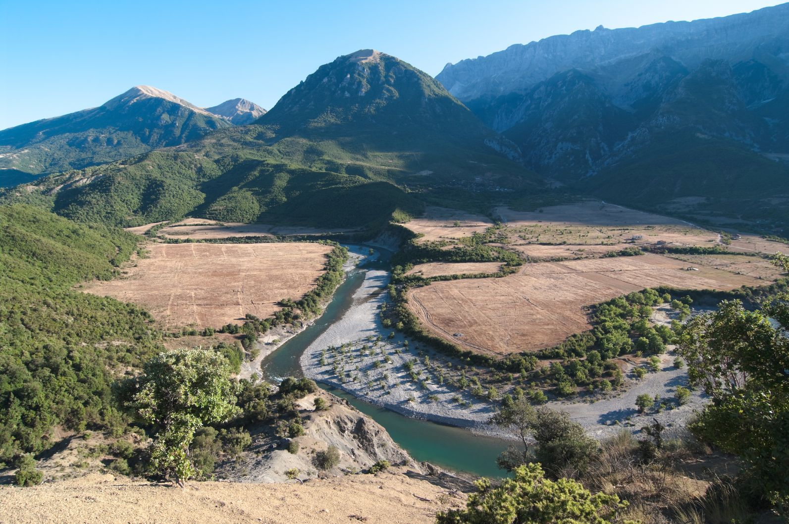 The Vjosa river winding its way through southern Albania, completely undammed. Photo: Getty