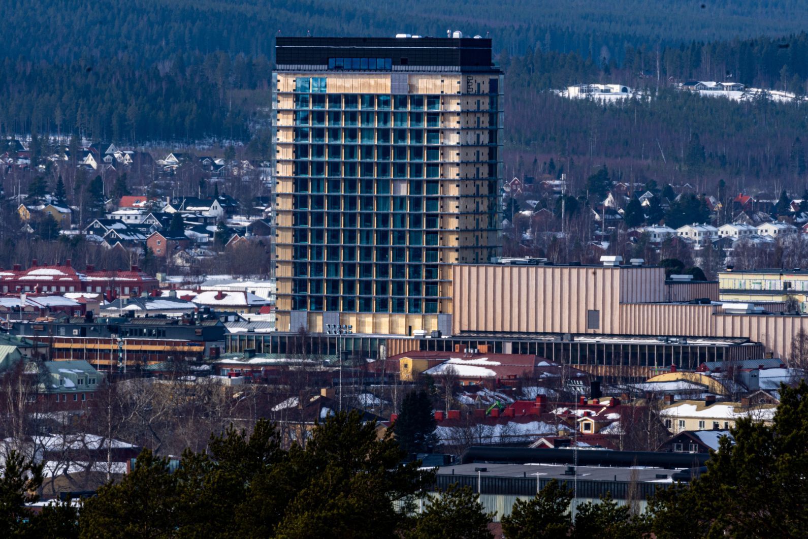 A huge wooden tower block in Skellefteå, a pioneering city in Swedish Lapland.