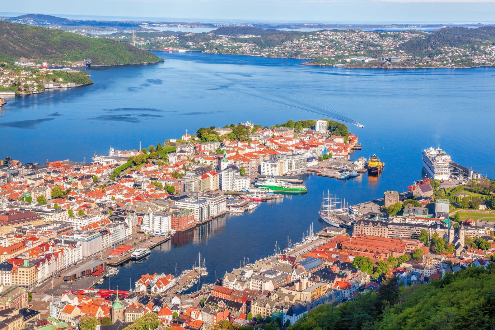 The beautiful view of the city center Bergen and the harbour, from Fløyen and the top of the funicular ride.