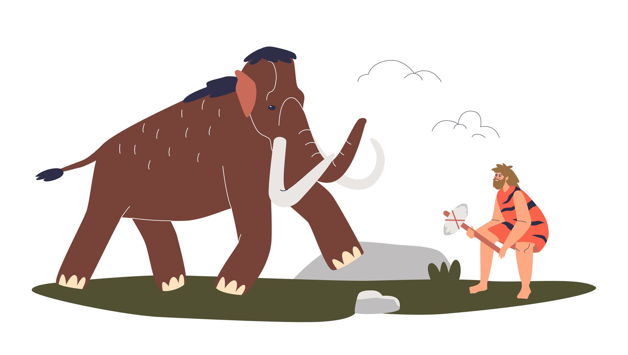 Illustration of a caveman facing down a woolly mammoth.