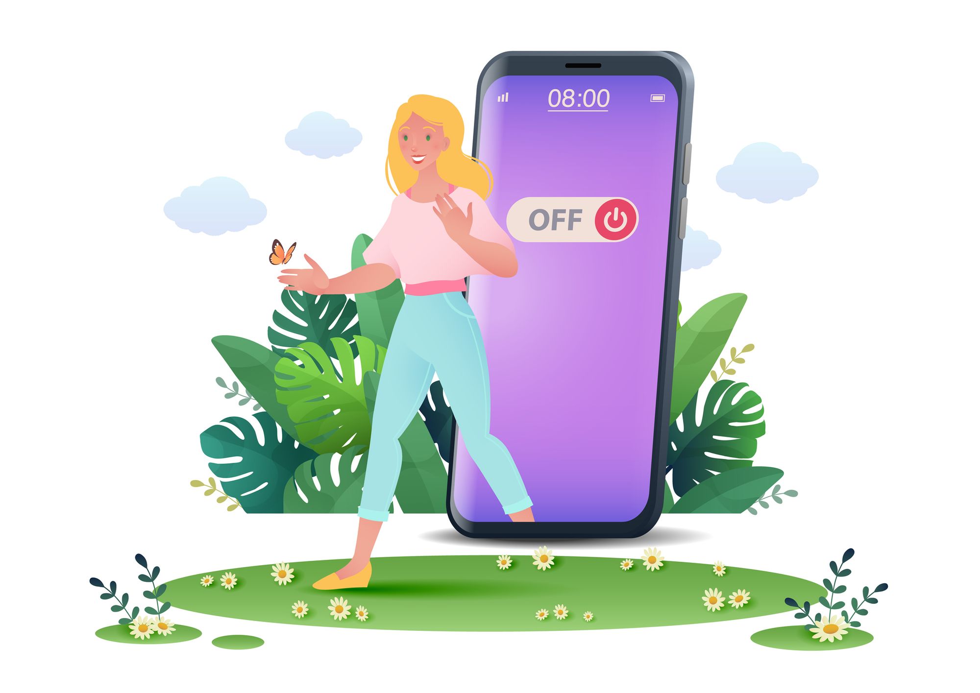 A picture representing a digi detox - a woman steps out into nature, through a switched off smartphone.