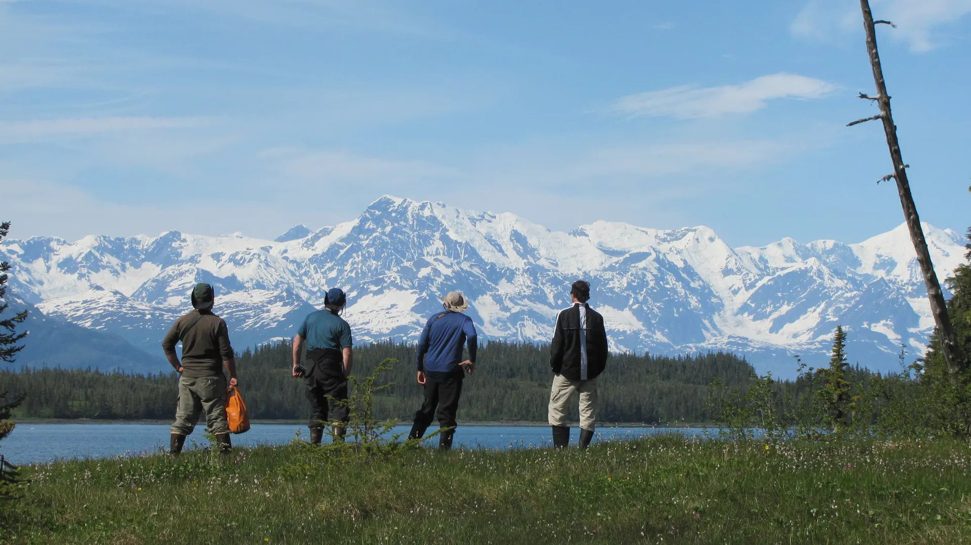 Four hikers looking at the scenery around Prince William Sound