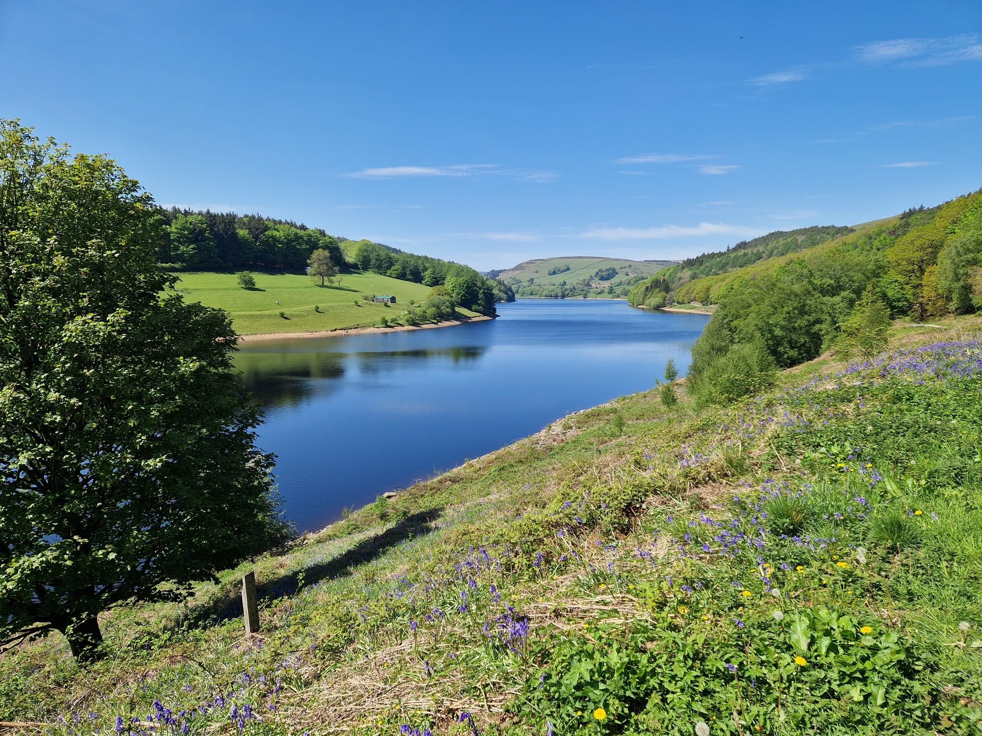 The still waters of Ladybower Reservoir on a clear day, with blue skies.