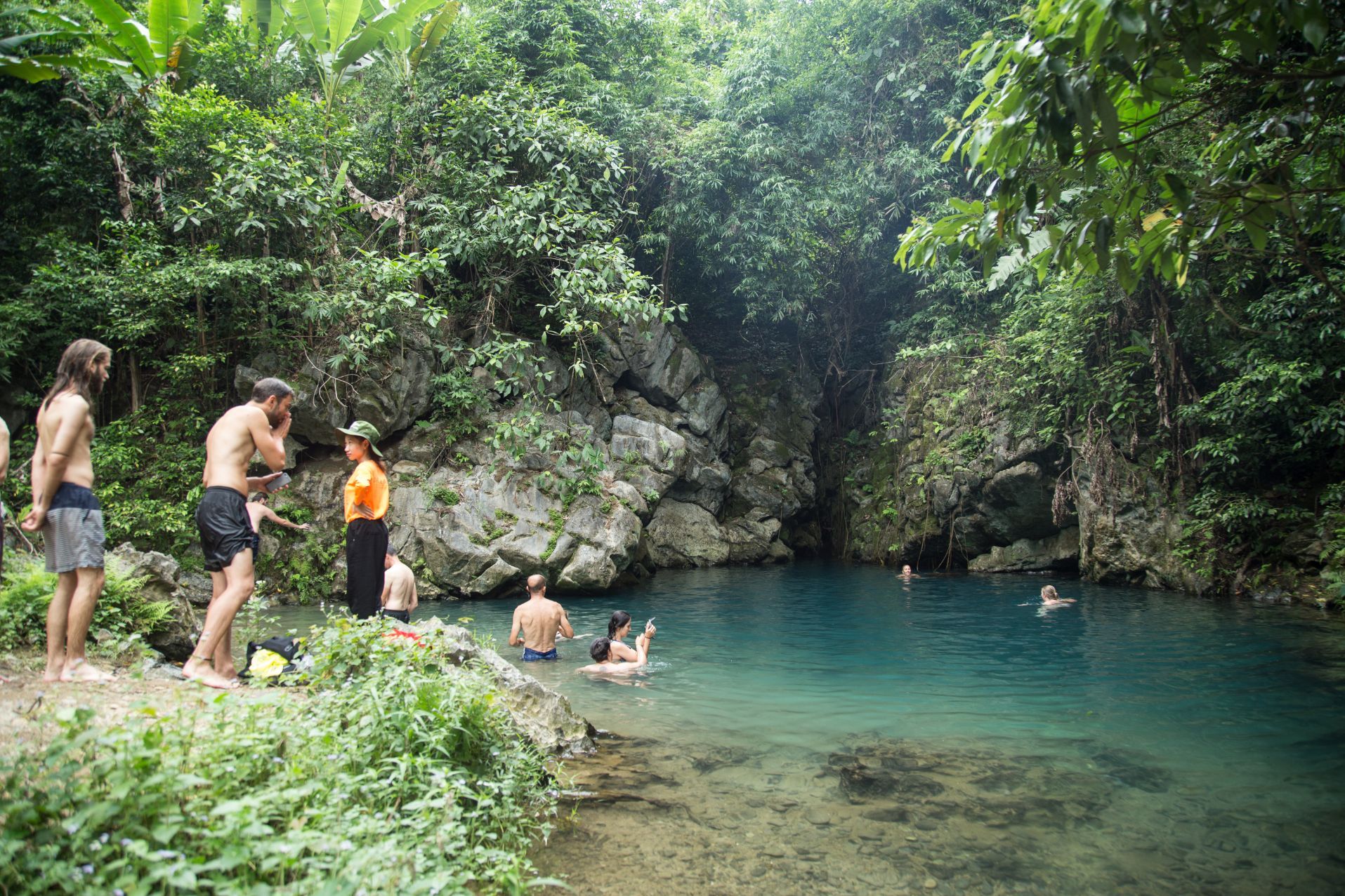 Ma Da lake, where groups can swim, dive, grab lunch or chill out around the BBQ and set up tents.