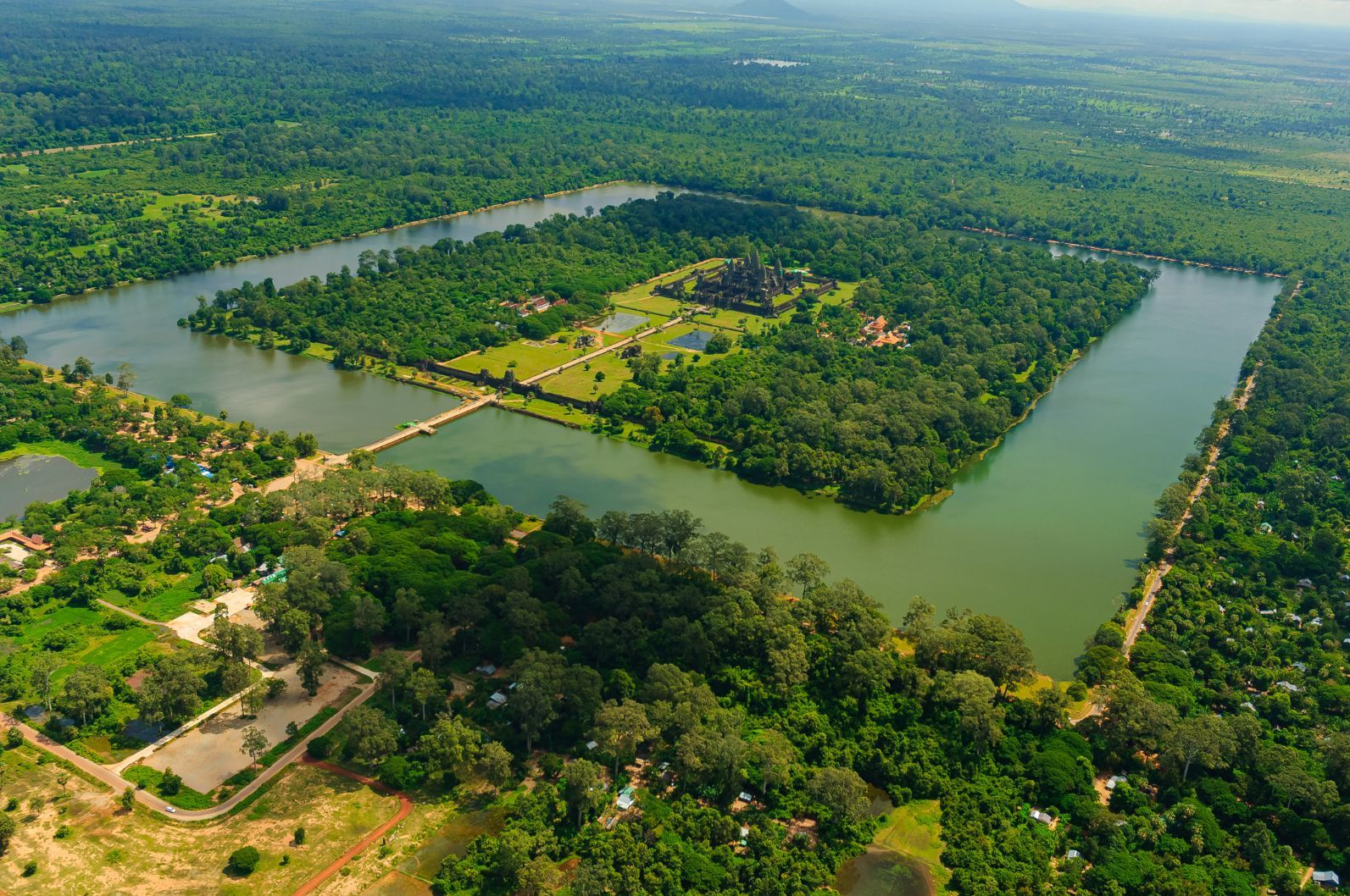 An arial view of Angkor Wat, which shows the scale of the moat that surrounds it. Photo: Getty