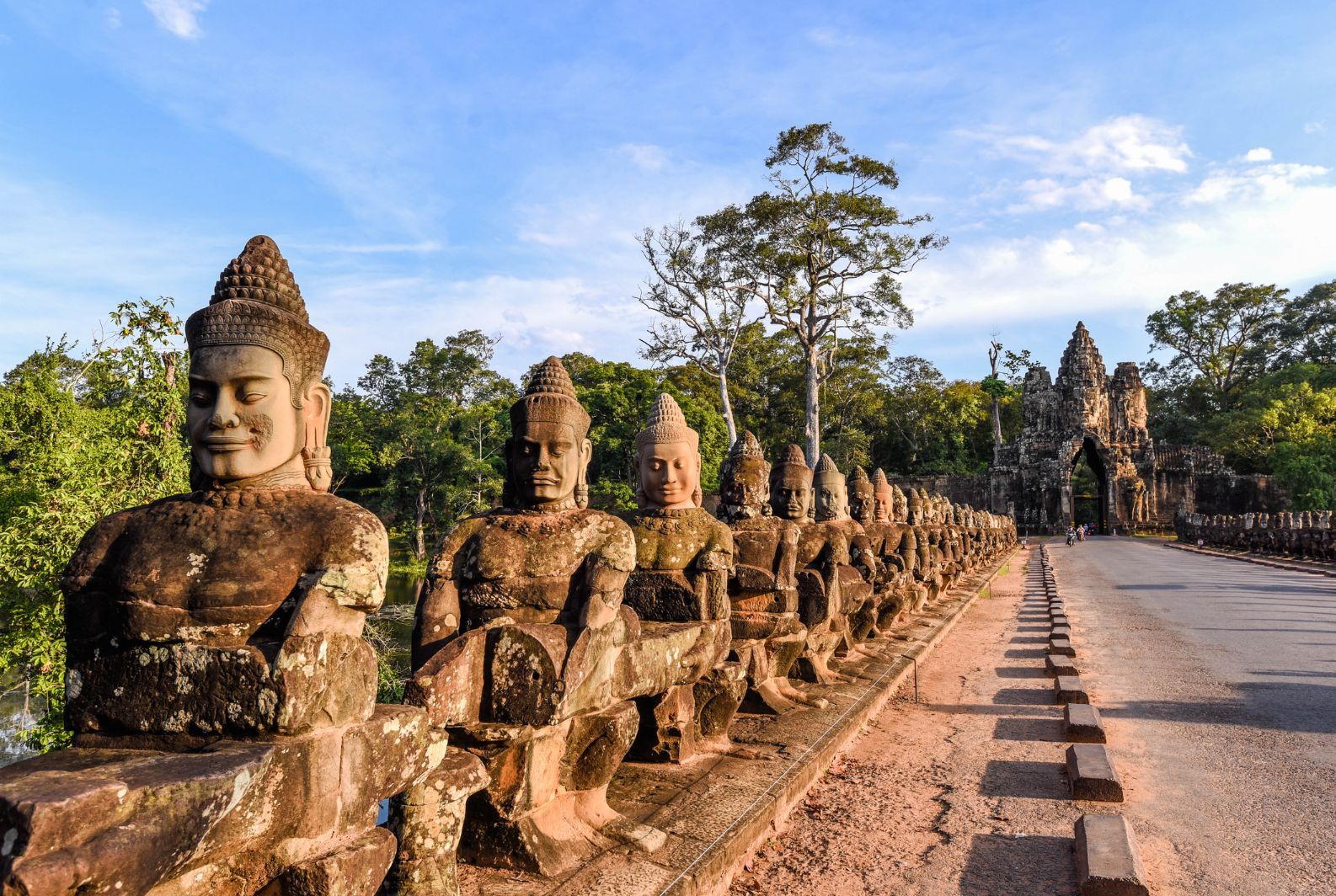 The statues lining the Western Gopura, on the entry bridge to Angkor Wat.