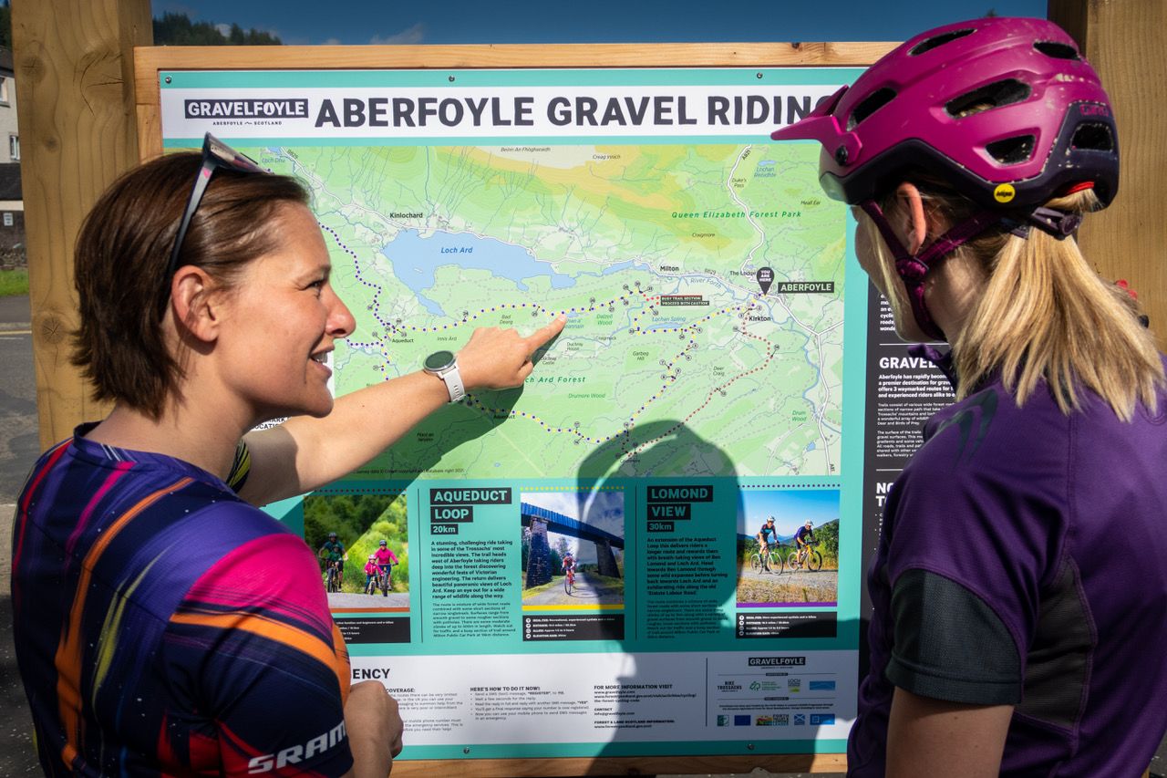 Two cyclists look at a map showing Aberfoyle's Gravel Riding network, consisting of 200km of trails. Photo: Stu Thompson