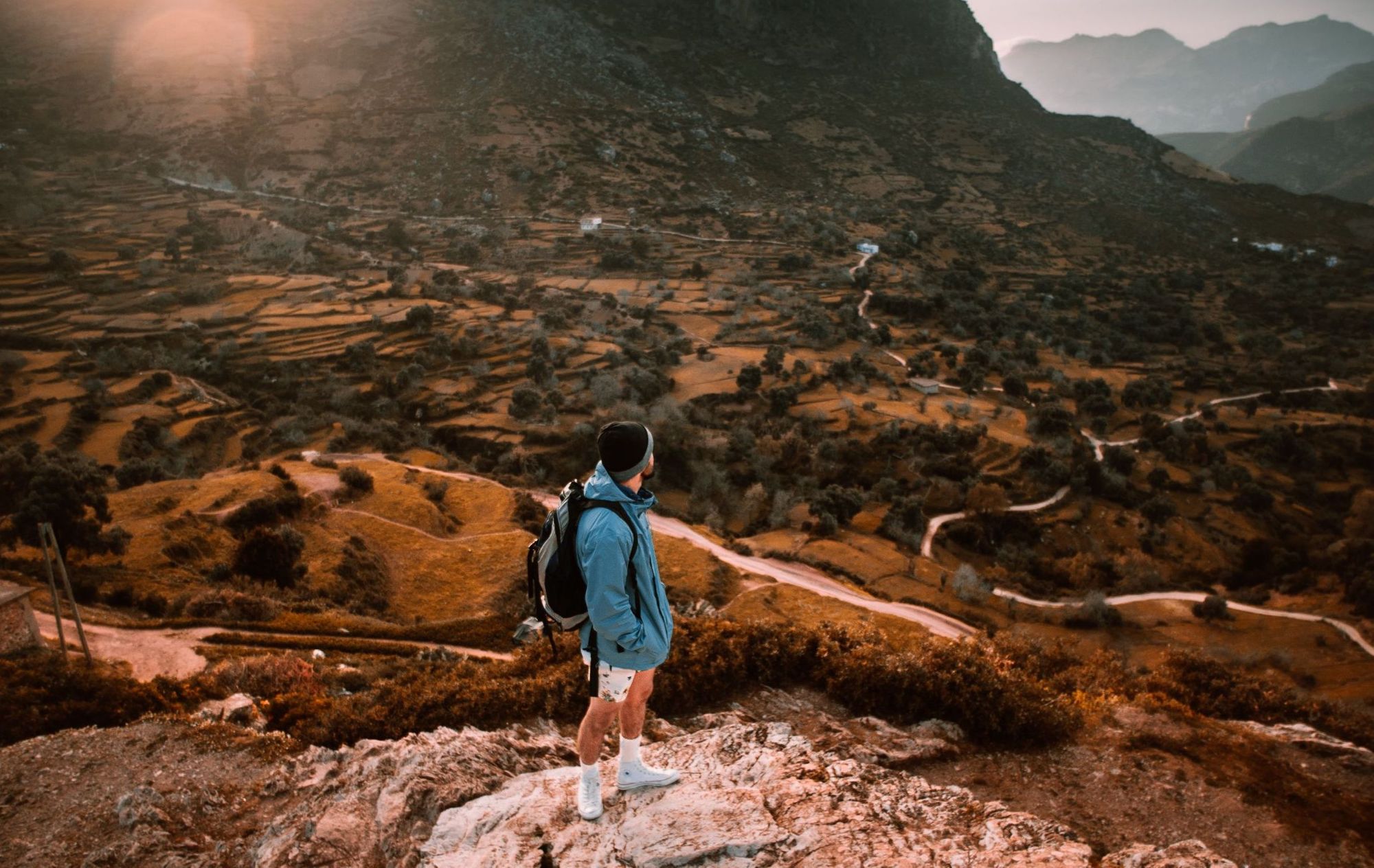 A man out hiking in the Rif Mountains, around Chefchaouen in Morocco.