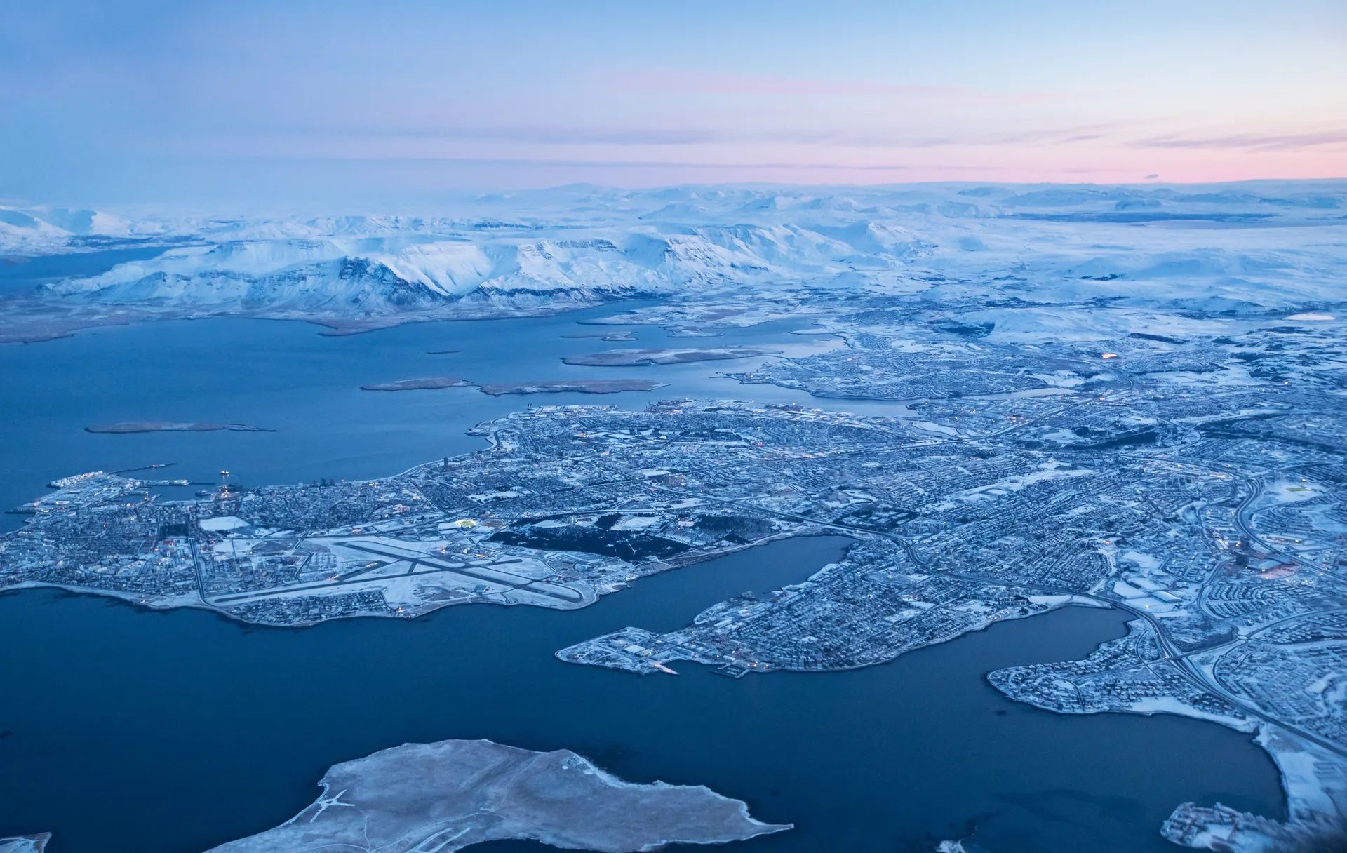 Keflavik Airport, Iceland, seen from above on a snowy winter's day.