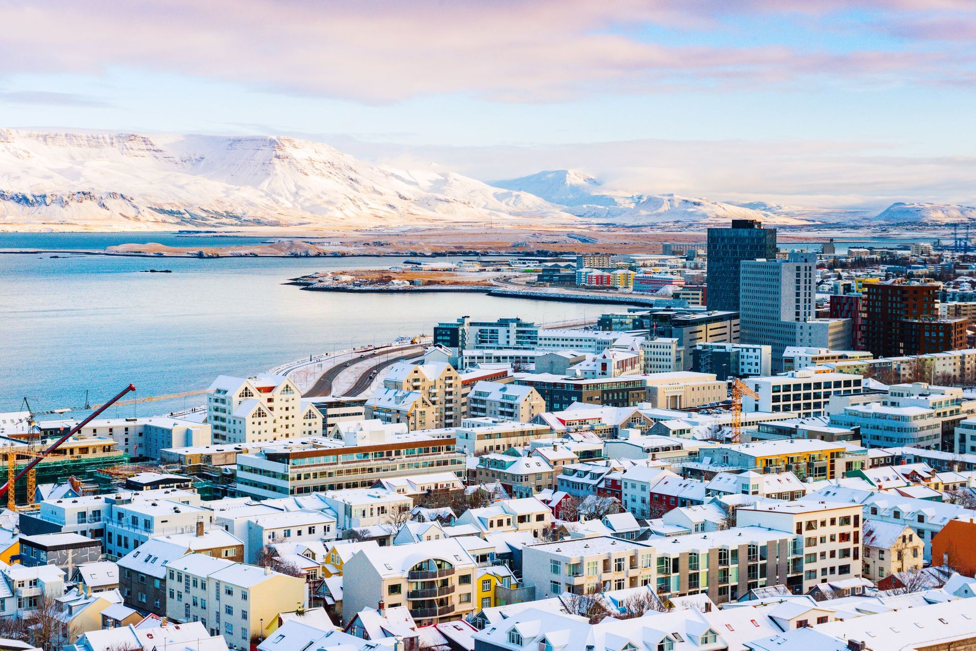 An aerial view of Reykjavik city and harbour on a winter morning.