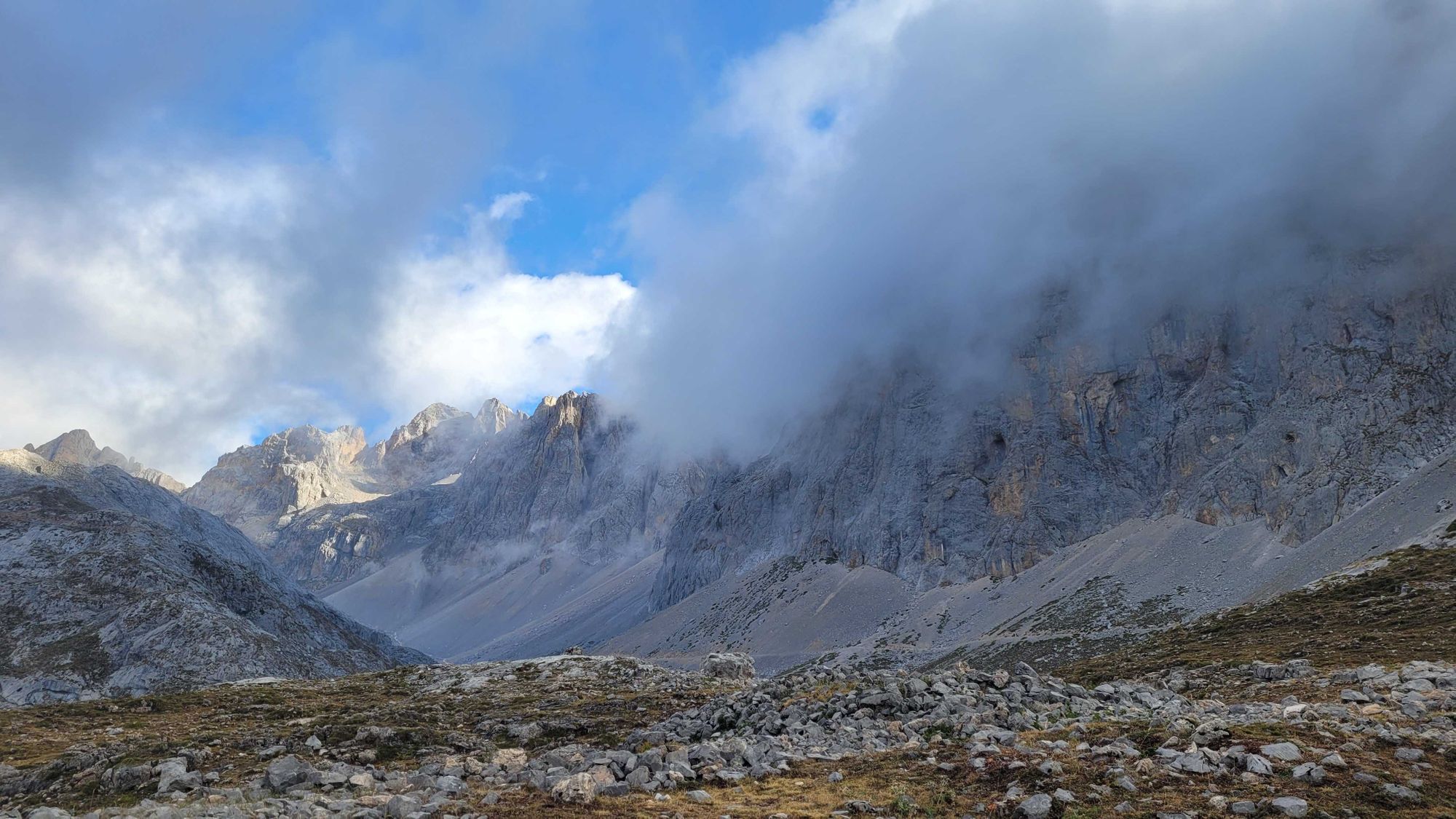 Mountain view half obscured by clouds in the Picos de Europa, Asturias, Spain