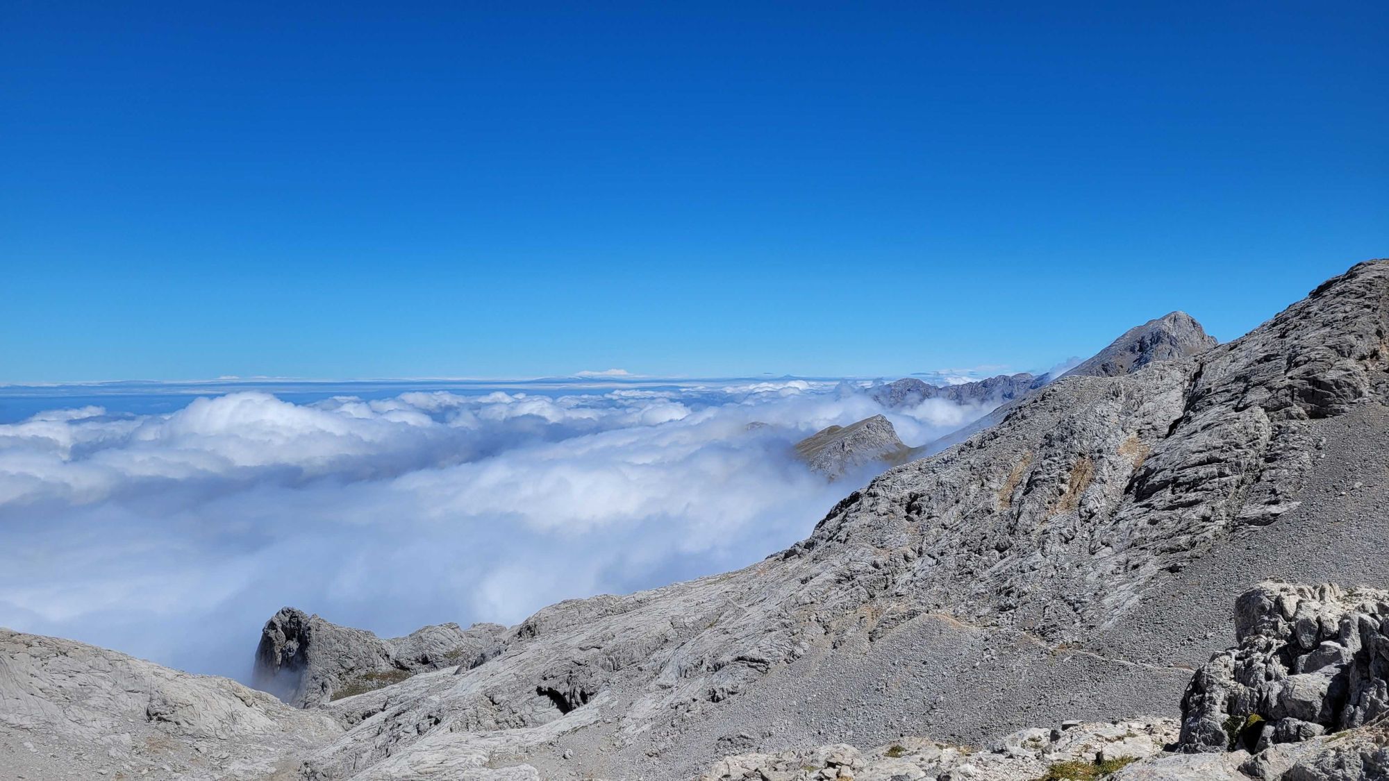 Sharp grey peaks emerging from a blanket of clouds in the Picos de Europa, Spain