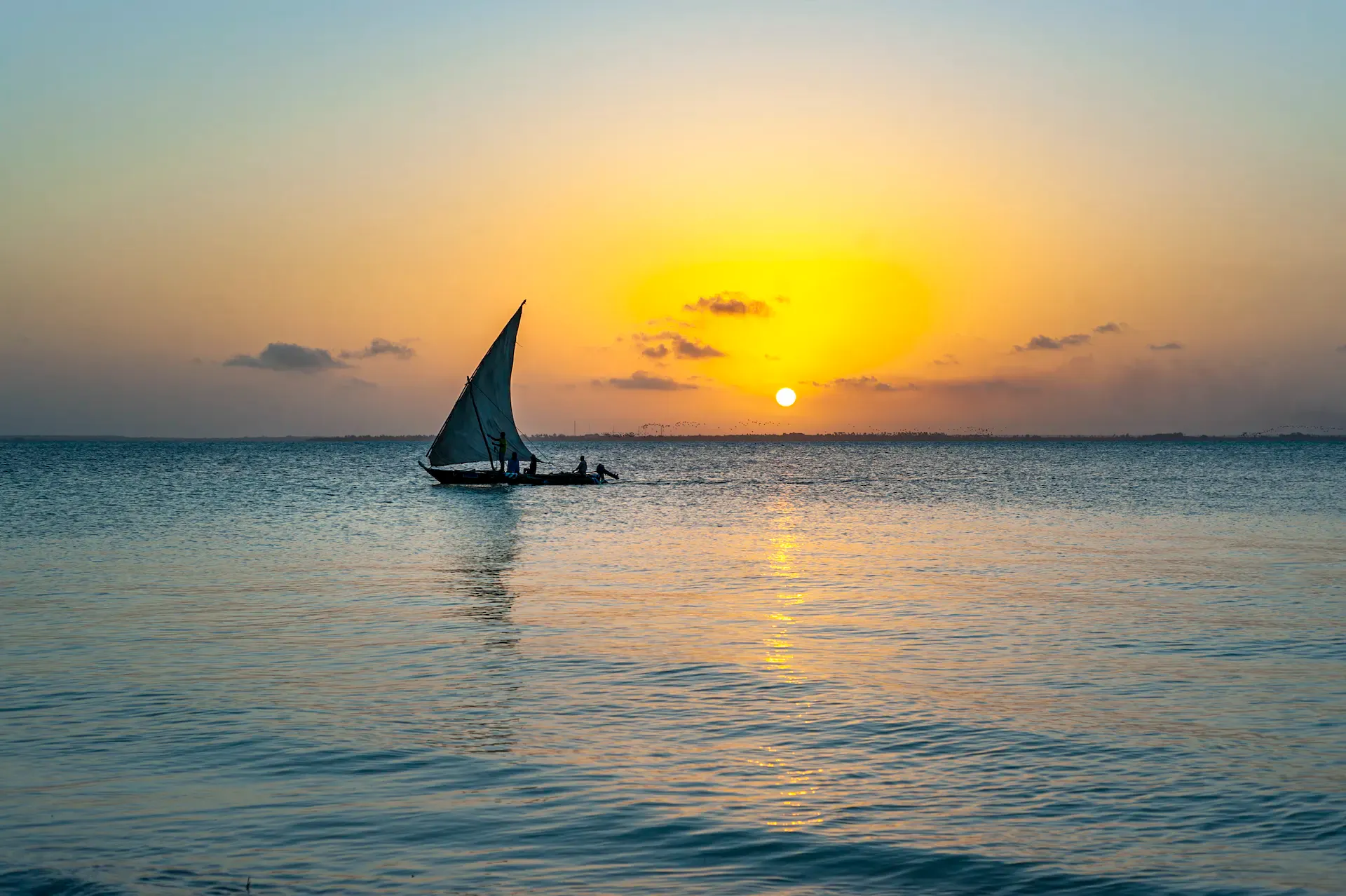 Dhow boat at sunset off the Coast of Zanzibar, Tanzania