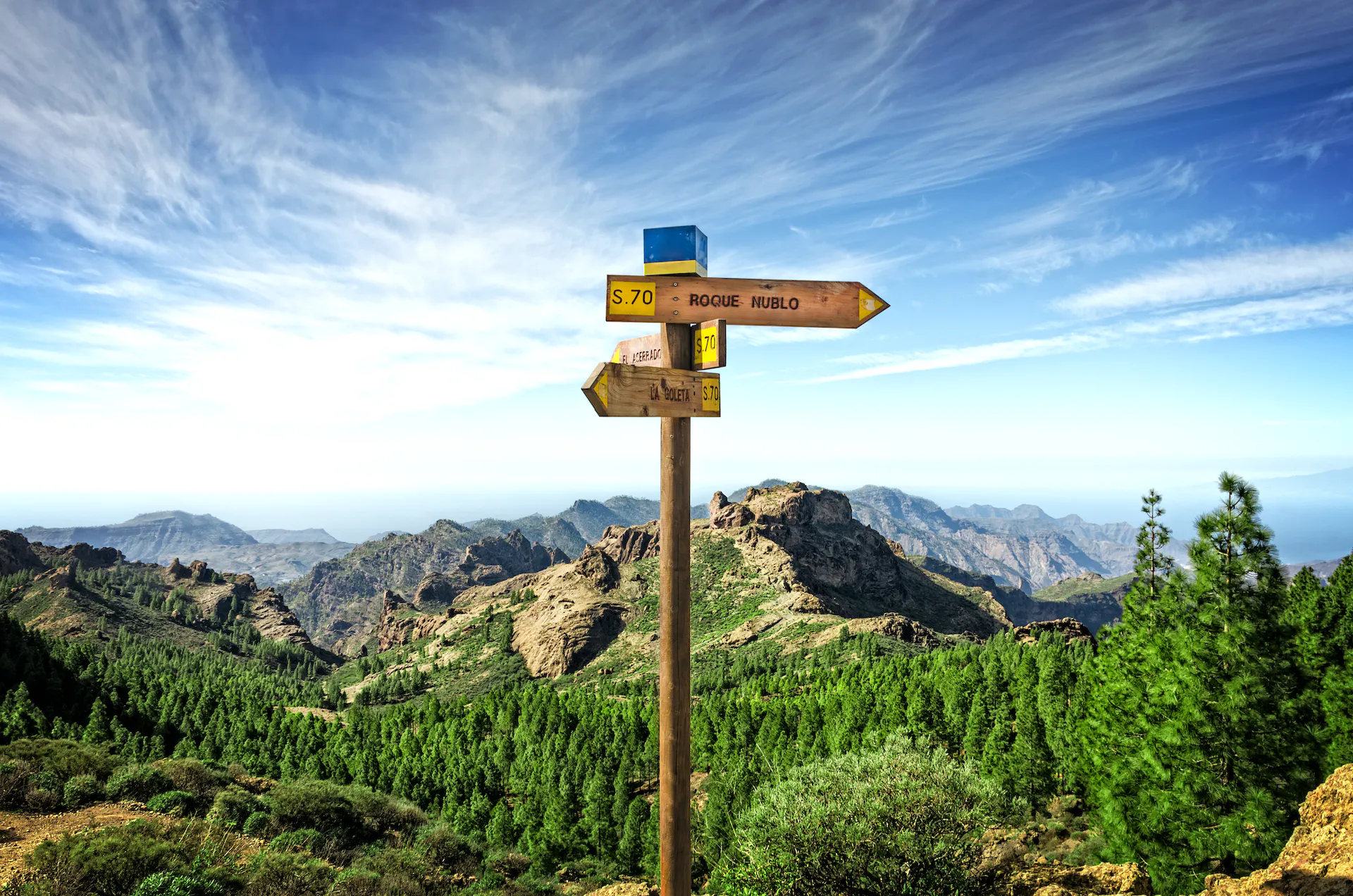 Signpost for hikers' paths in front of rocky, forested terrain in Gran Canaria, Canary Islands