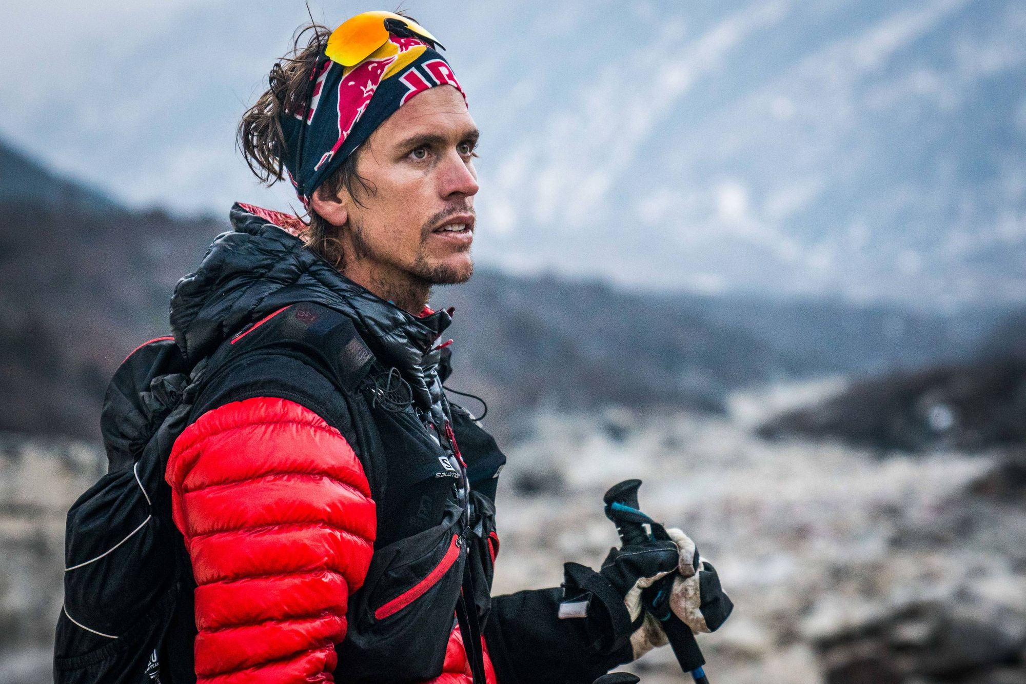 Ryan Sandes in the Manaslu Valley, Nepal after coming over Larke La Pass (5,135m) on March 12, 2018.