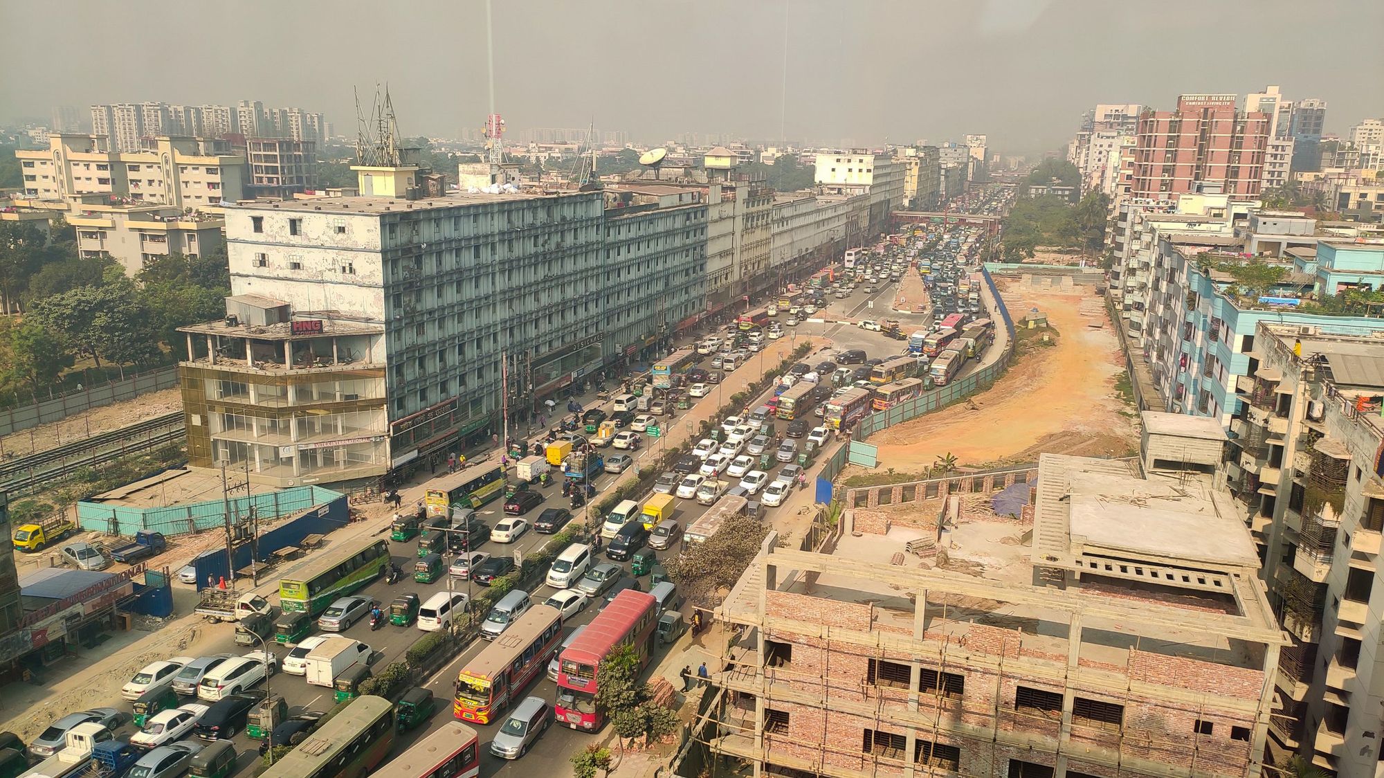 Traffic fills a crowded street in Dhaka, the capital of Bangladesh