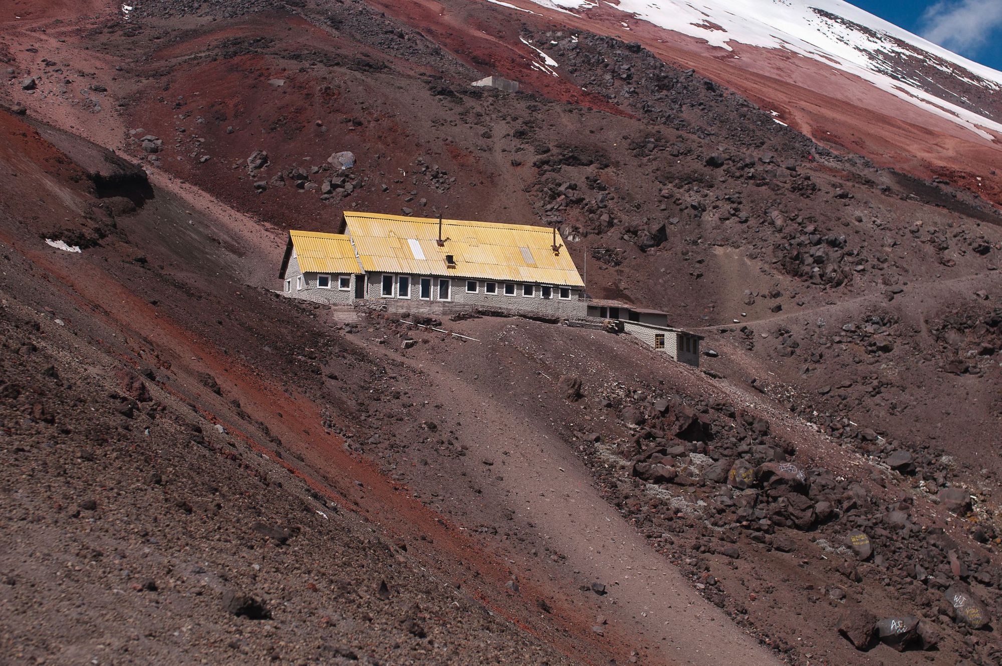Jose Rivas Refuge, located at an elevation of 4,800m on the slopes of Cotopaxi Volcano, Ecuador.