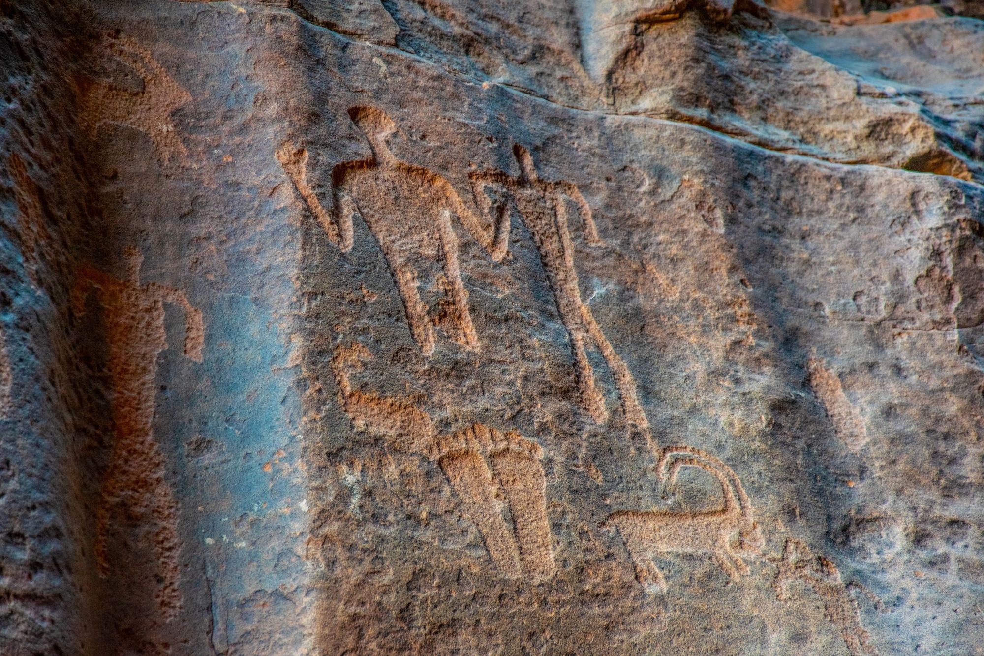 A close-up of some of the petroglyphs of Khazali Canyon, in Jordan's Wadi Rum desert.