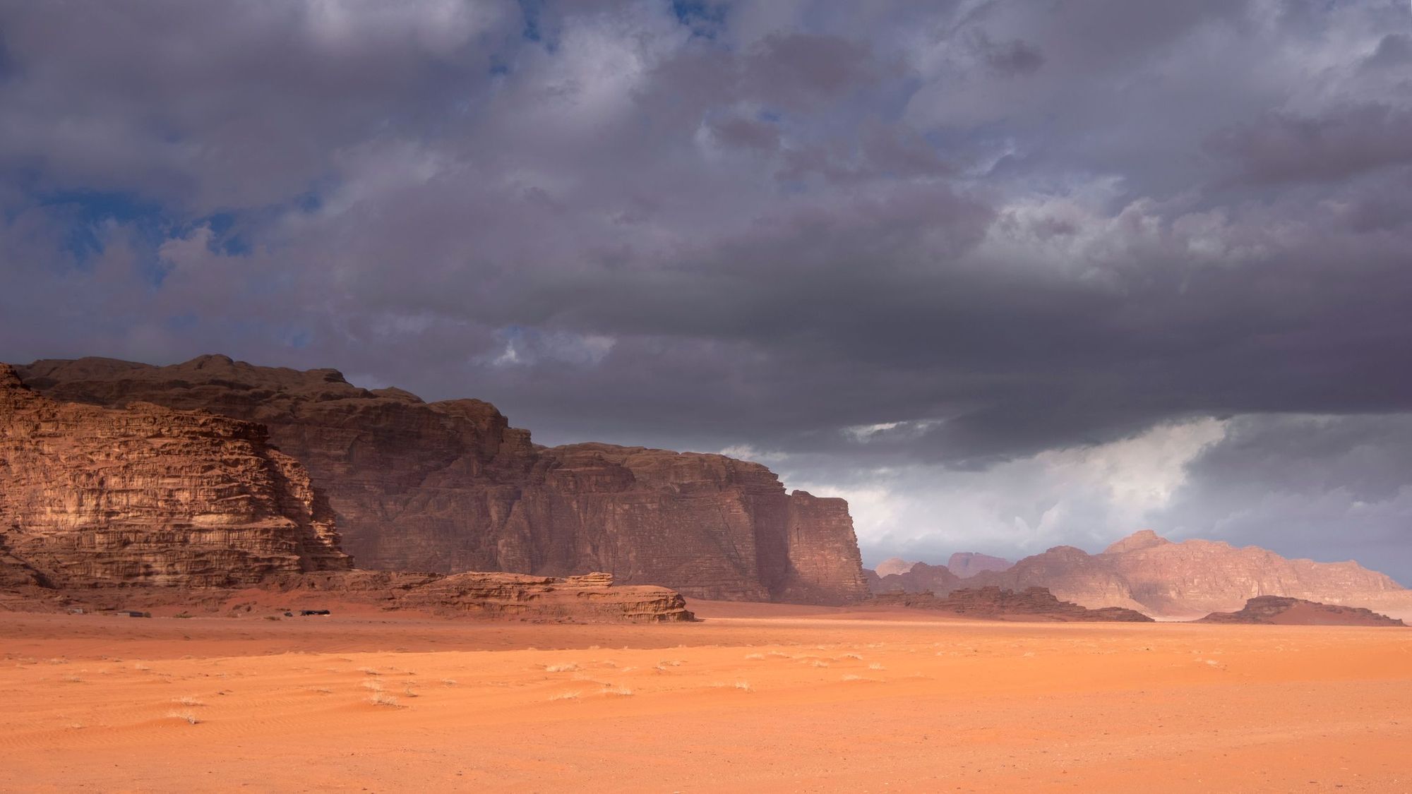 Wadi Rum Desert in Jordan, on a stormy day.