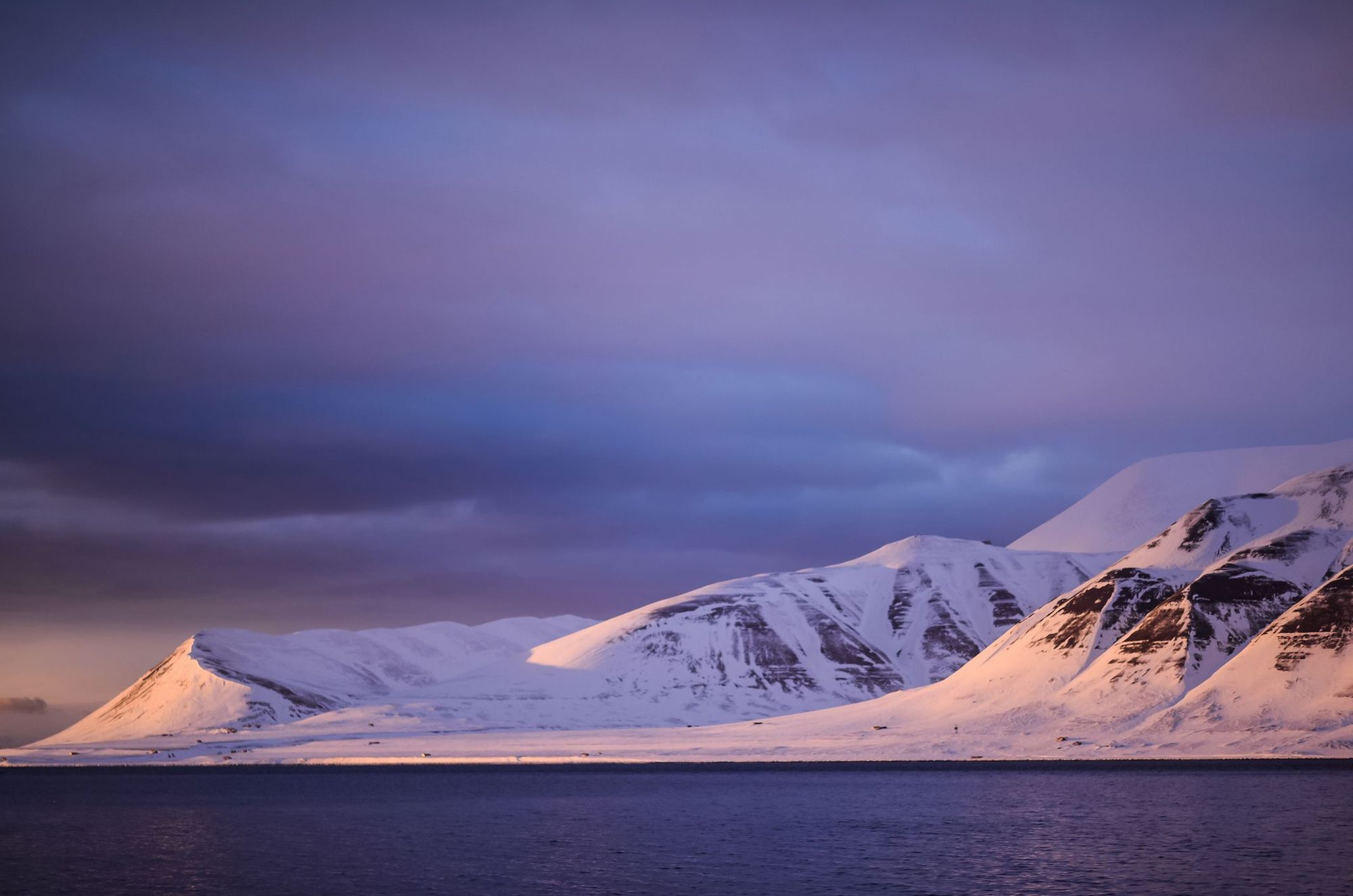 Mountains and a fjord in Svalbard, bathed in purple winter twilight.