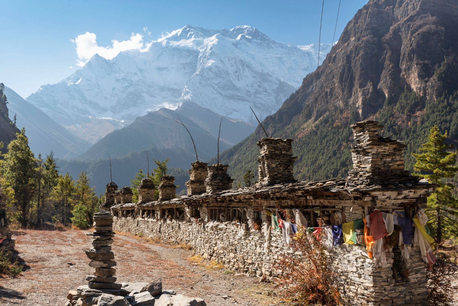 A Buddhist praying wall, or Mani wall, with the North Face of Annapurna II in sight on the circuit. Photo: Getty
