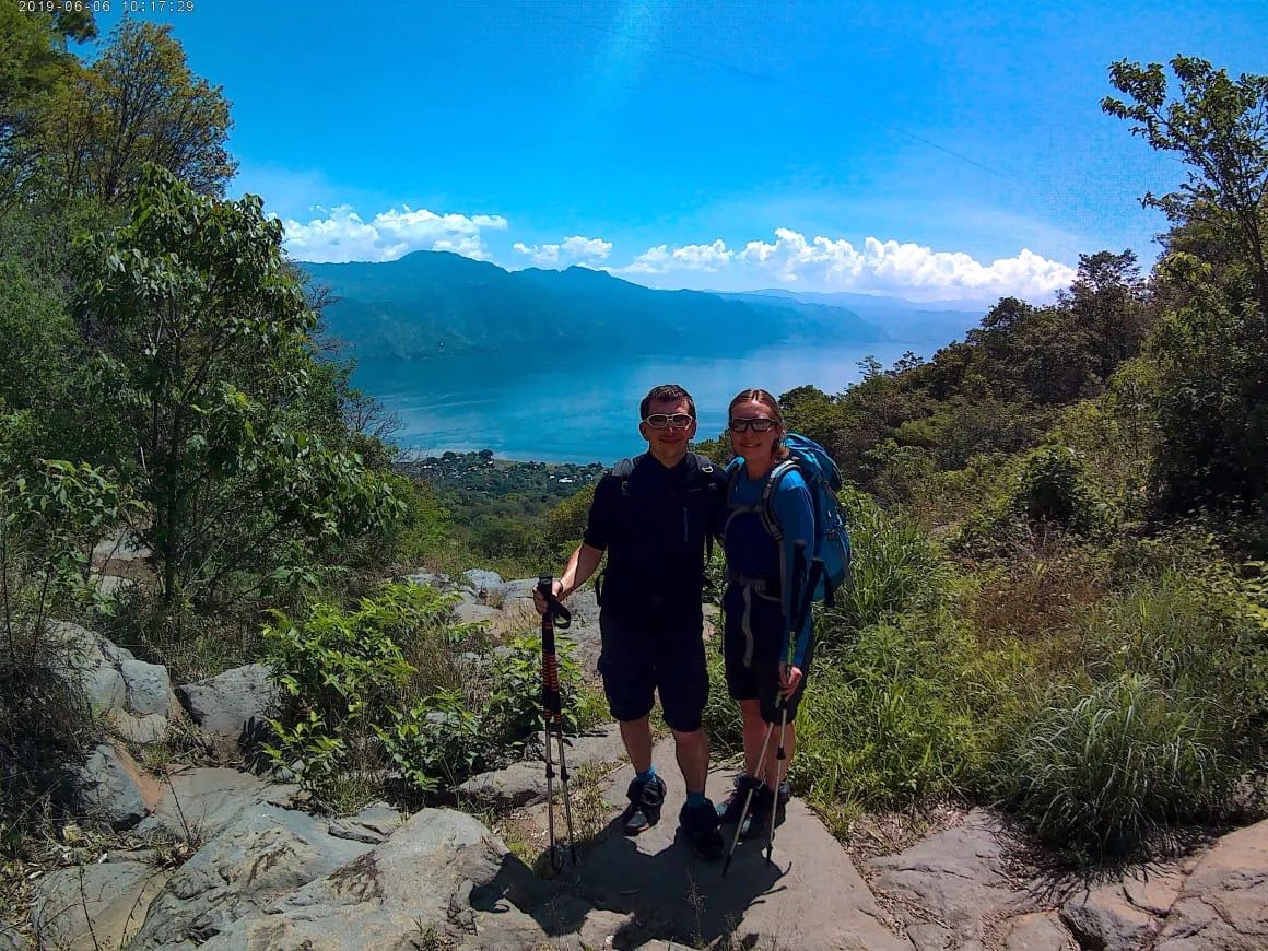 Two hikers pose on the San Pedro volcano hike, Guatemala