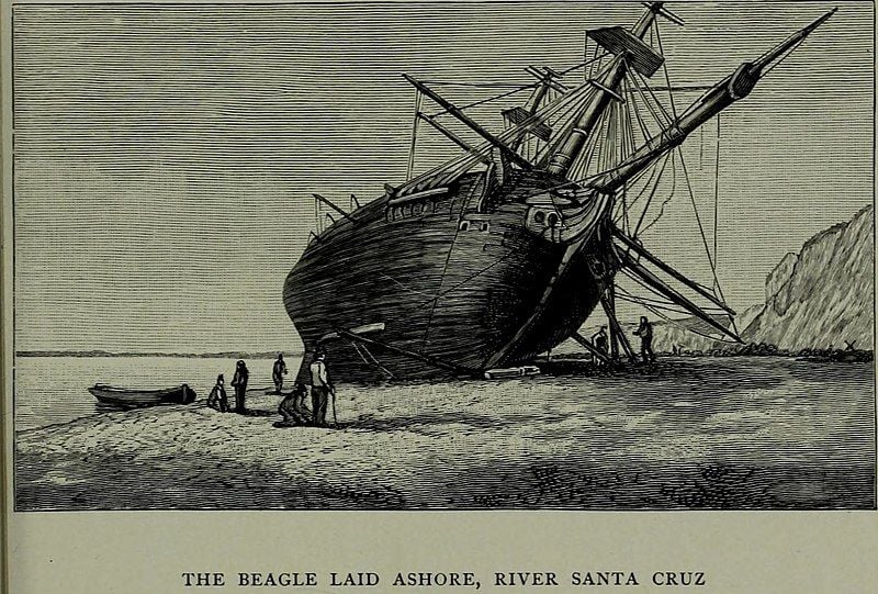 An illustration of The Beagle in the Galapagos, taken from The Life and Letters of Charles Darwin, 1887
