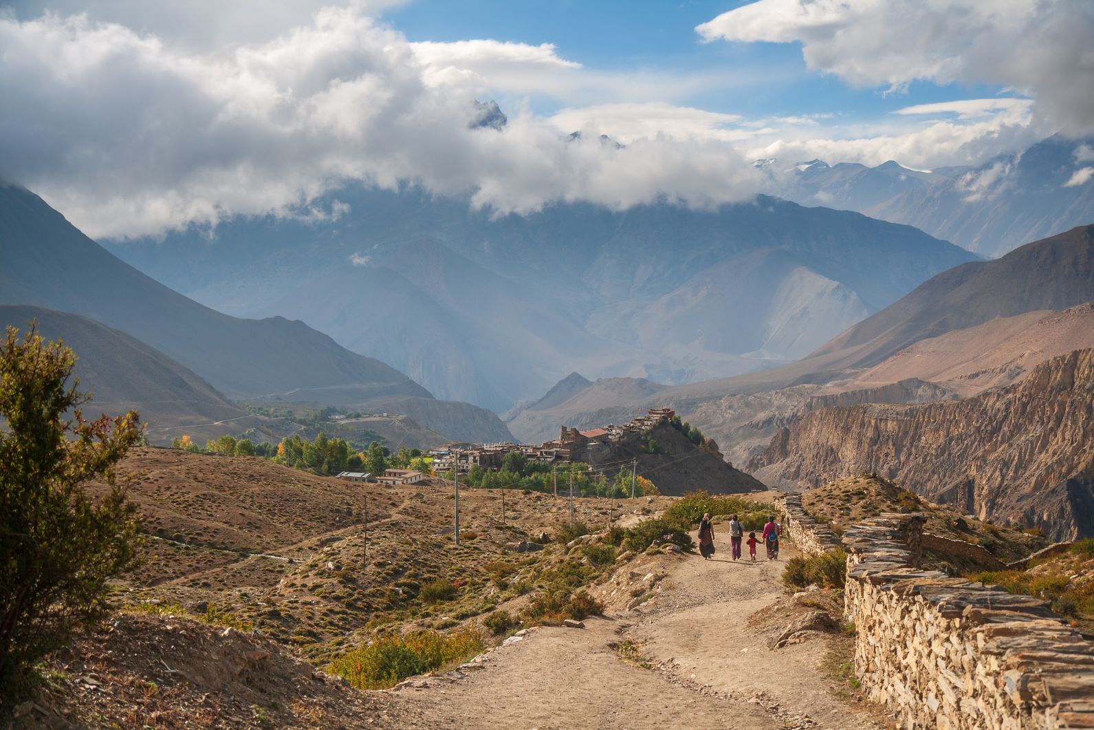 A view of the village of Jharkot surrounded by beautiful mountains, in the Lower Mustang area of Nepal.