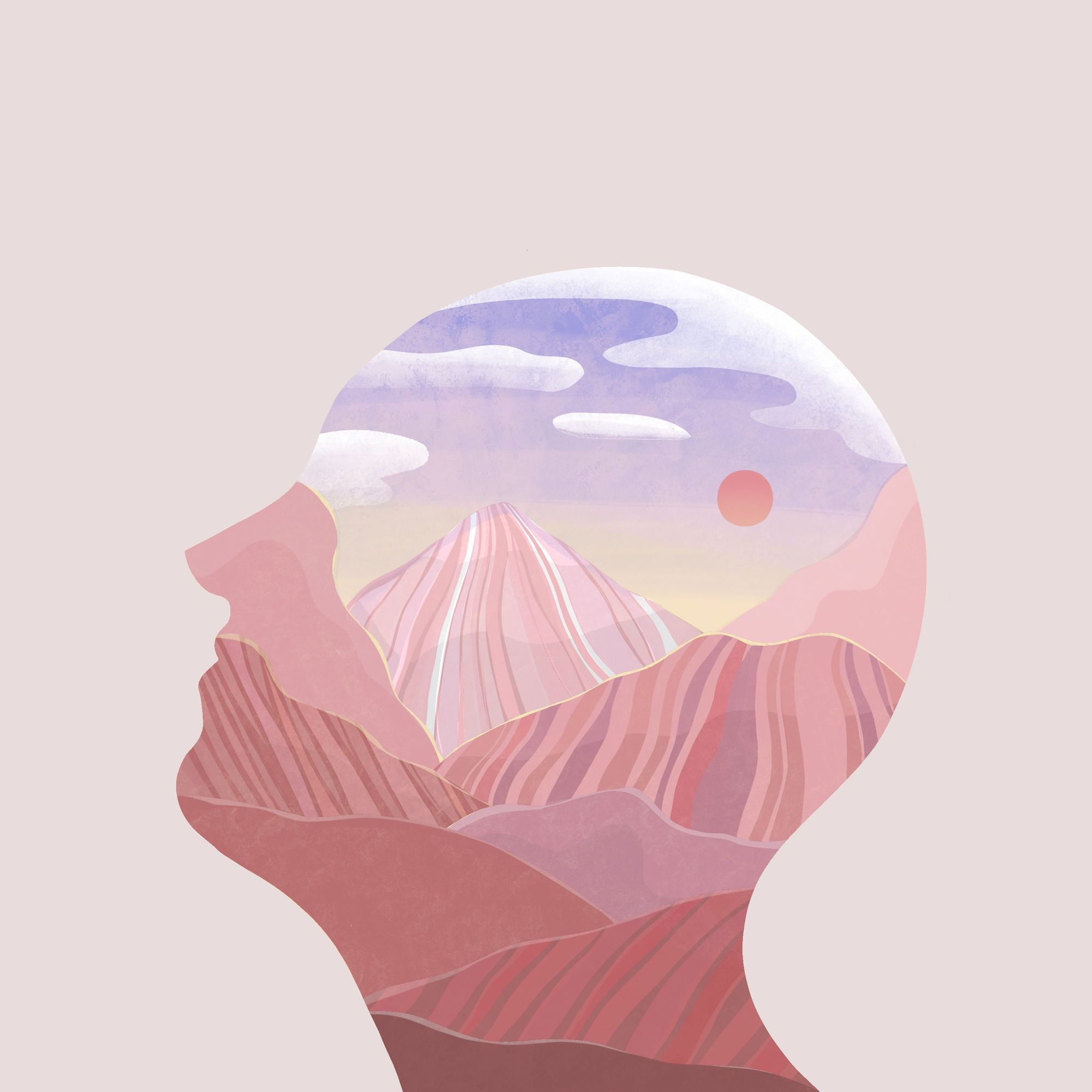 Illustration of a head, filled with pictures of mountains and desert.