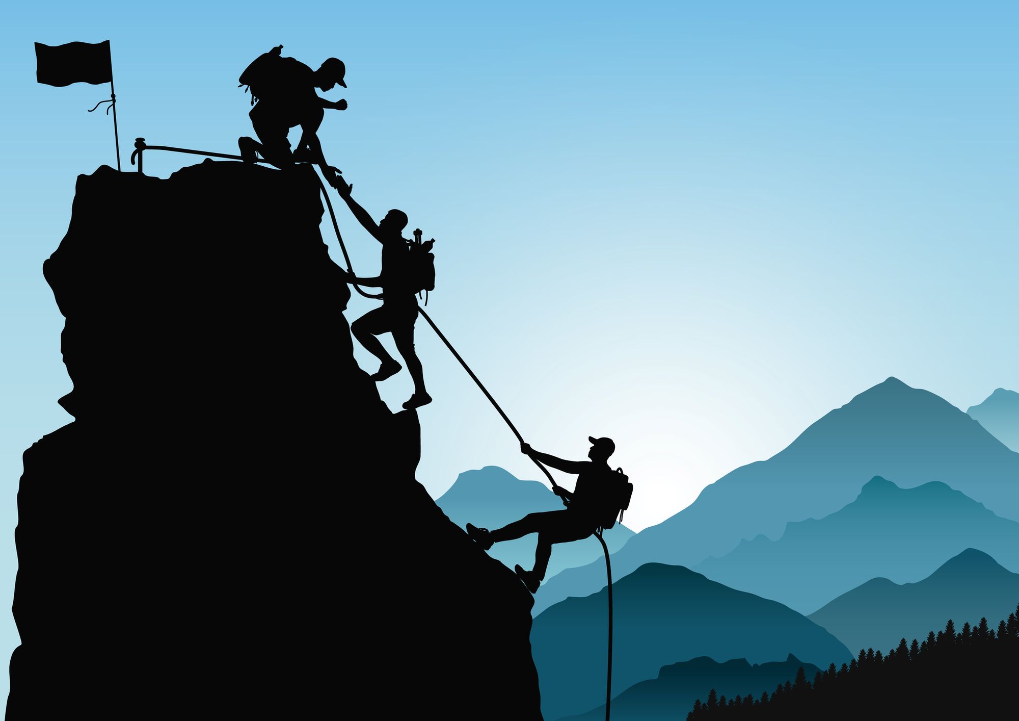 An illustration of three silhouetted figures helping each other climb a mountain.