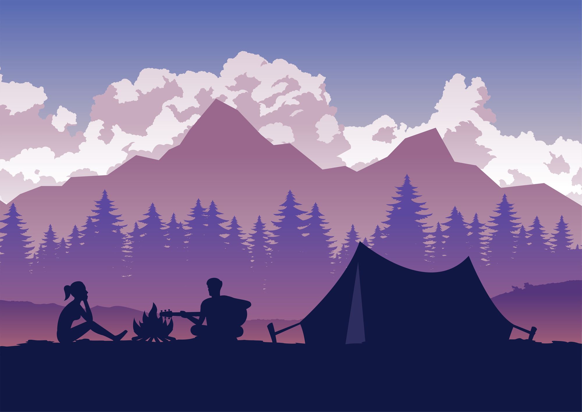 An illustration of two people silhouetted by a campfire.