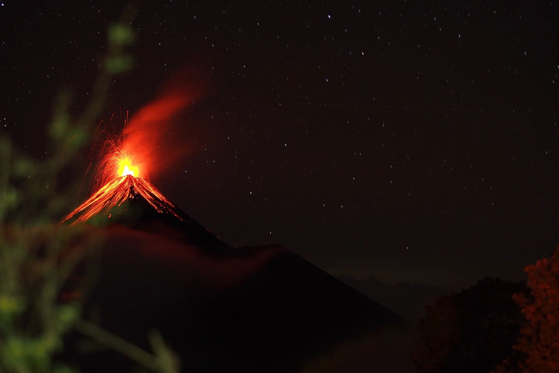 Night time eruption from El Fuego, an active volcano in Guatemala.