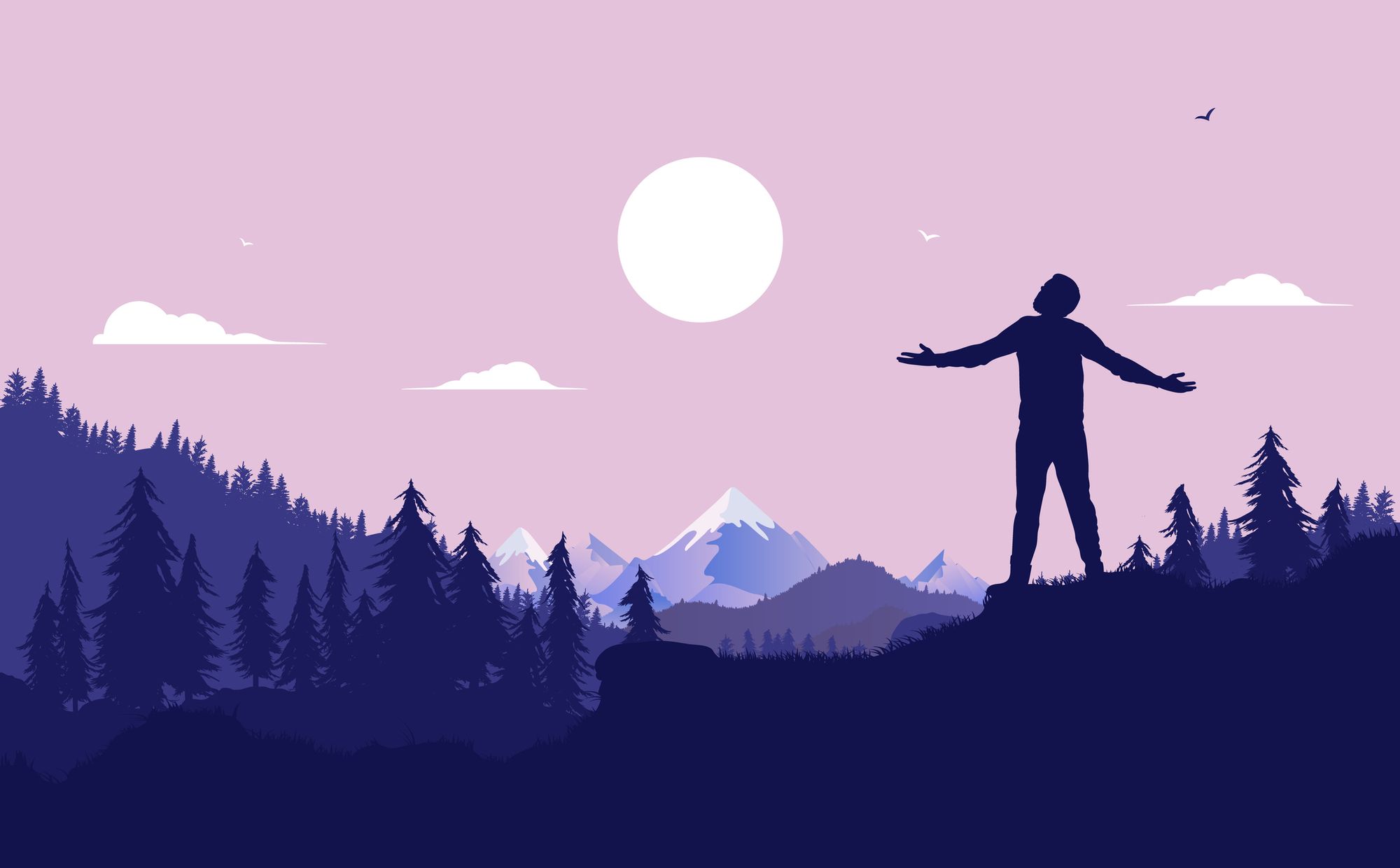 Silhouette of a man standing in front of a forest and mountains.