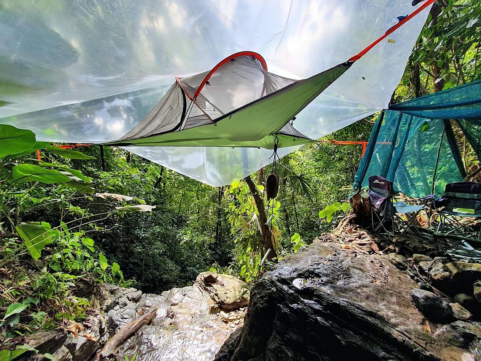 A tree camping tent in the Costa Rican rainforest.