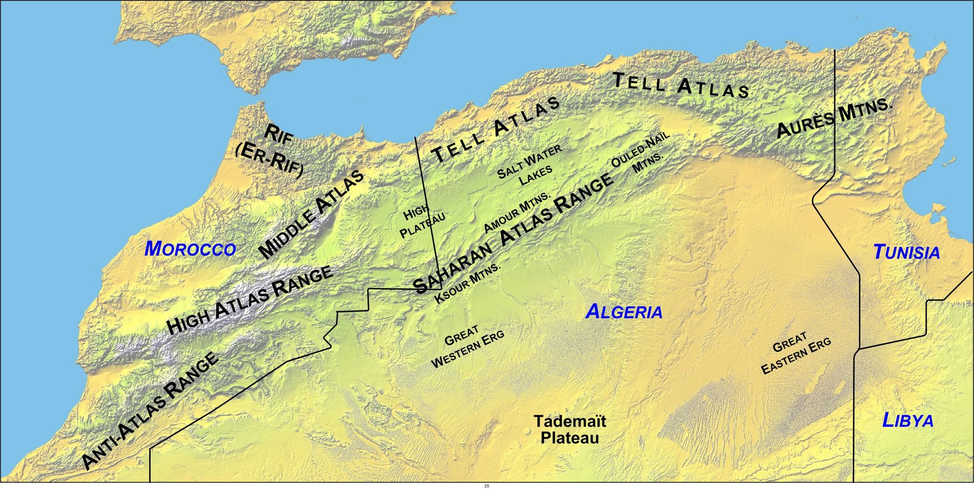A map of the Atlas Mountains in Morocco, Algeria, and Tunisia.