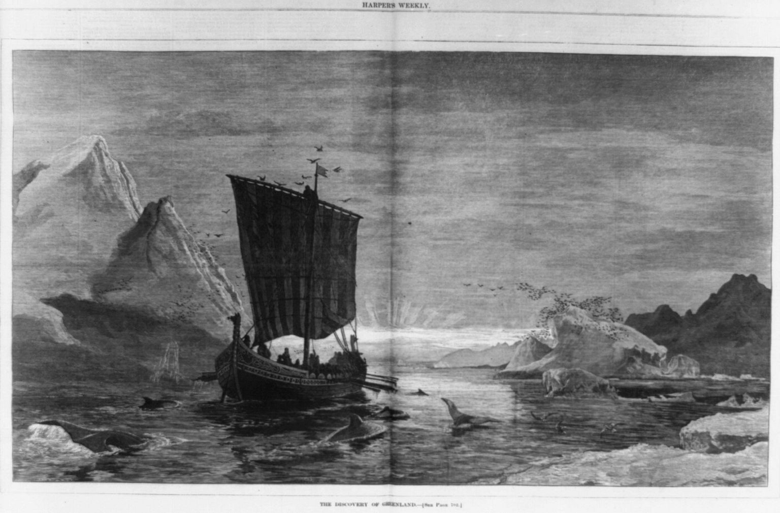 A woodcut print illustrating the "discovery" of Greenland, 1875. Photo: Wikimedia Commons.