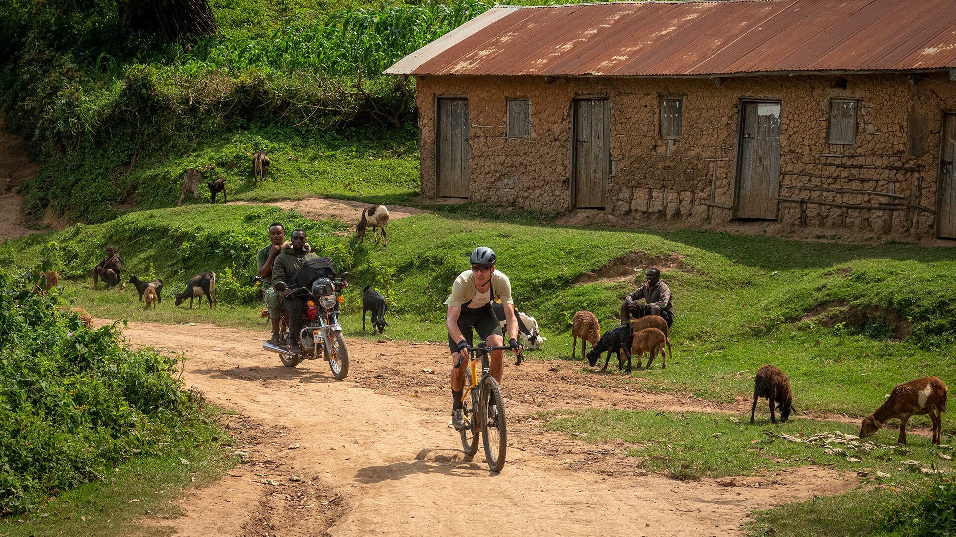 A cyclist travels through a village in Uganda