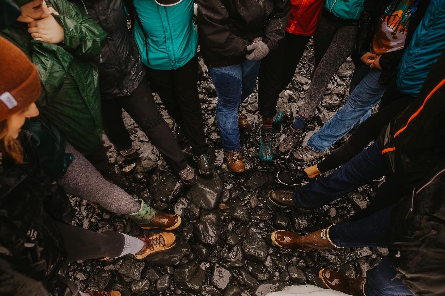 Wet hiking boots in a circle.