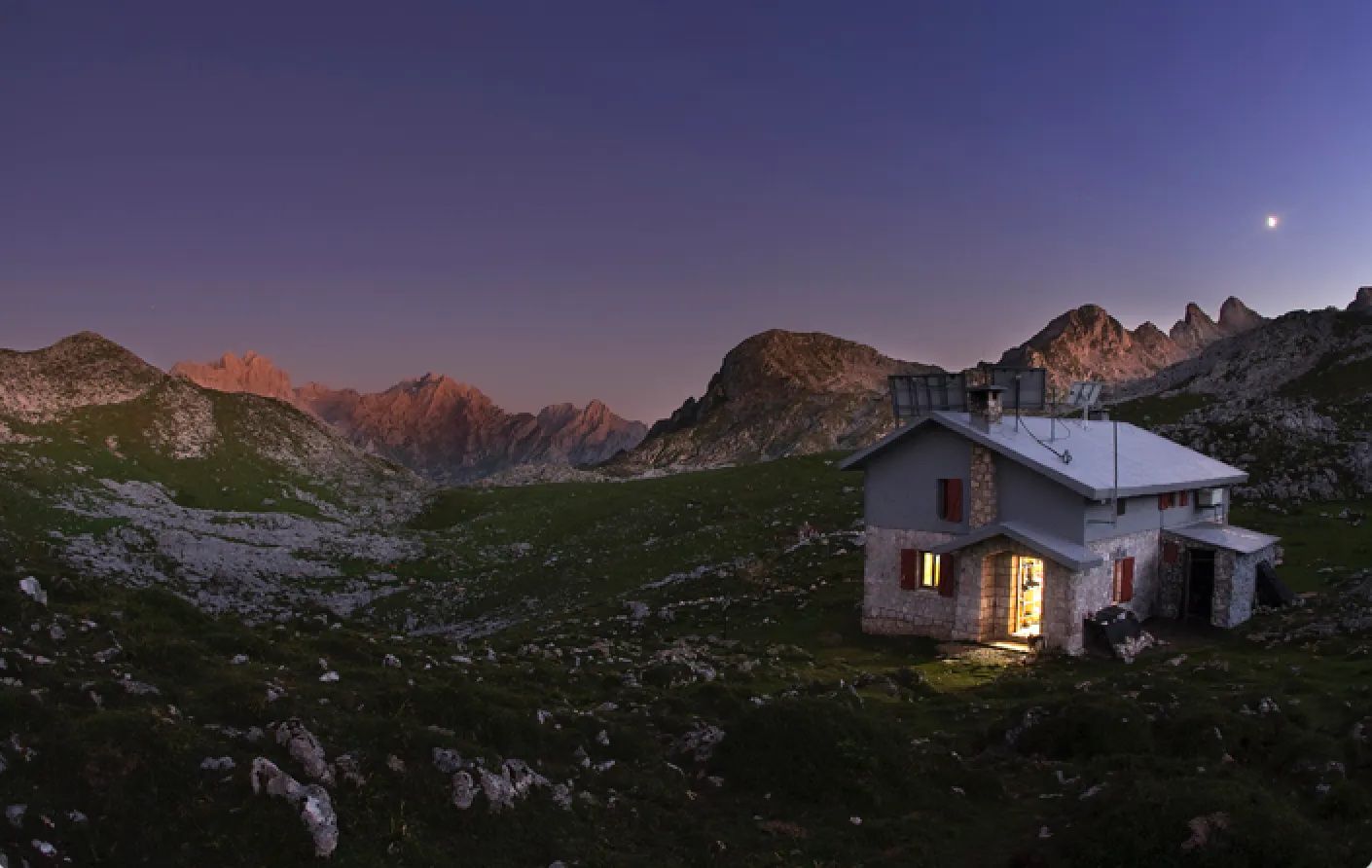 A mountain refugio in the Picos de Europa, Spain, at night.