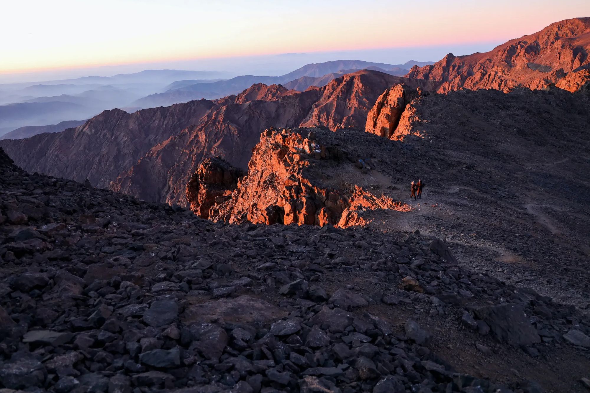 Sunrise views on the trail up Mount Ouanoukrim, in Morocco's High Atlas Mountains