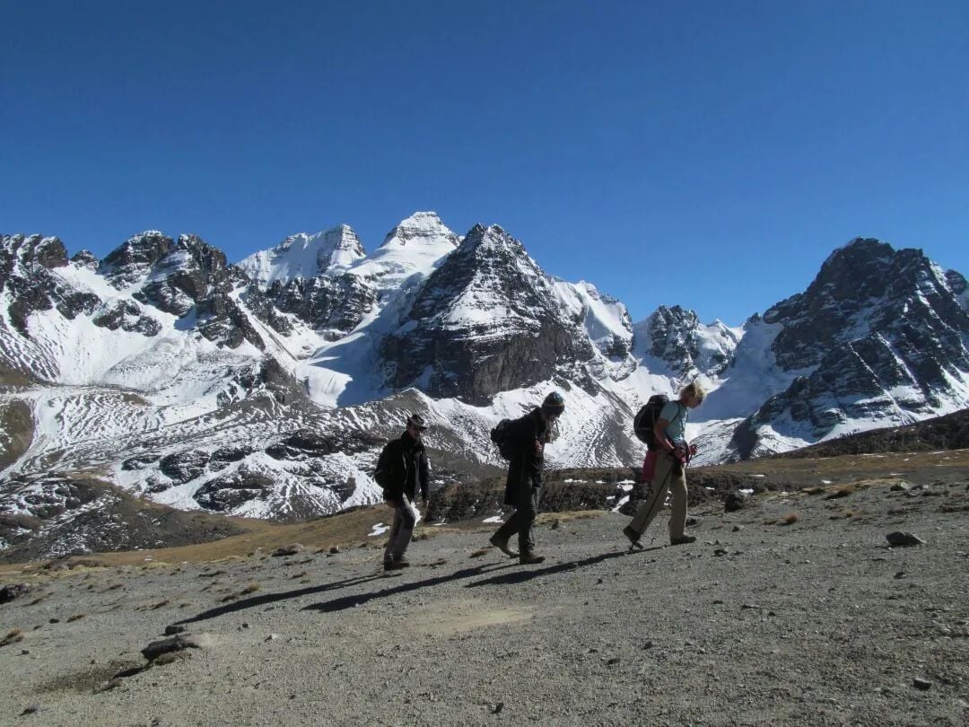 Hiking past the jagged peaks of the Cordillera Real in Bolivia