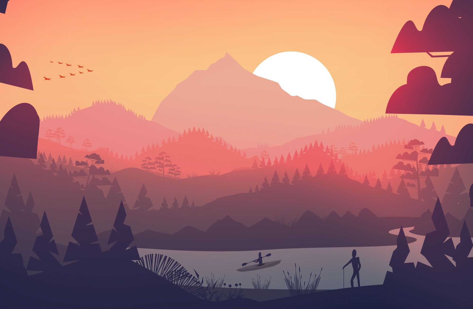 Ilustración de un kayakista y un parque frente a capas de montañas y puesta de sol