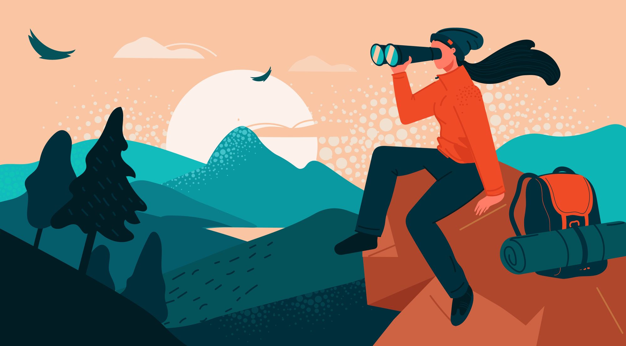 An illustrated woman with binoculars looks out on a mountain range