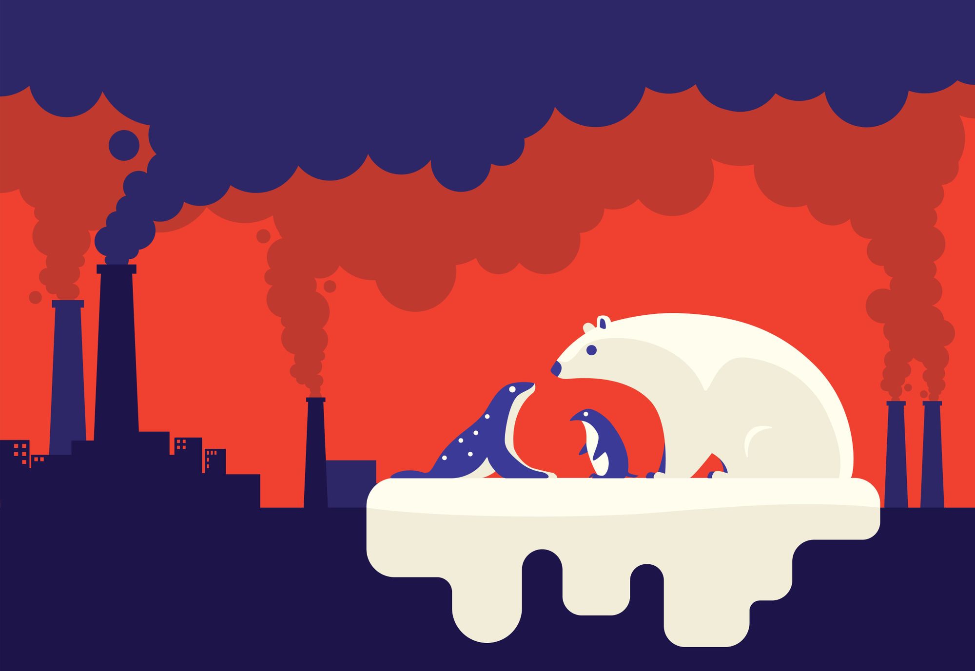 Una ilustración que muestra el papel de las empresas en el cambio climático, con un iceberg derritiéndose junto a la fábrica.