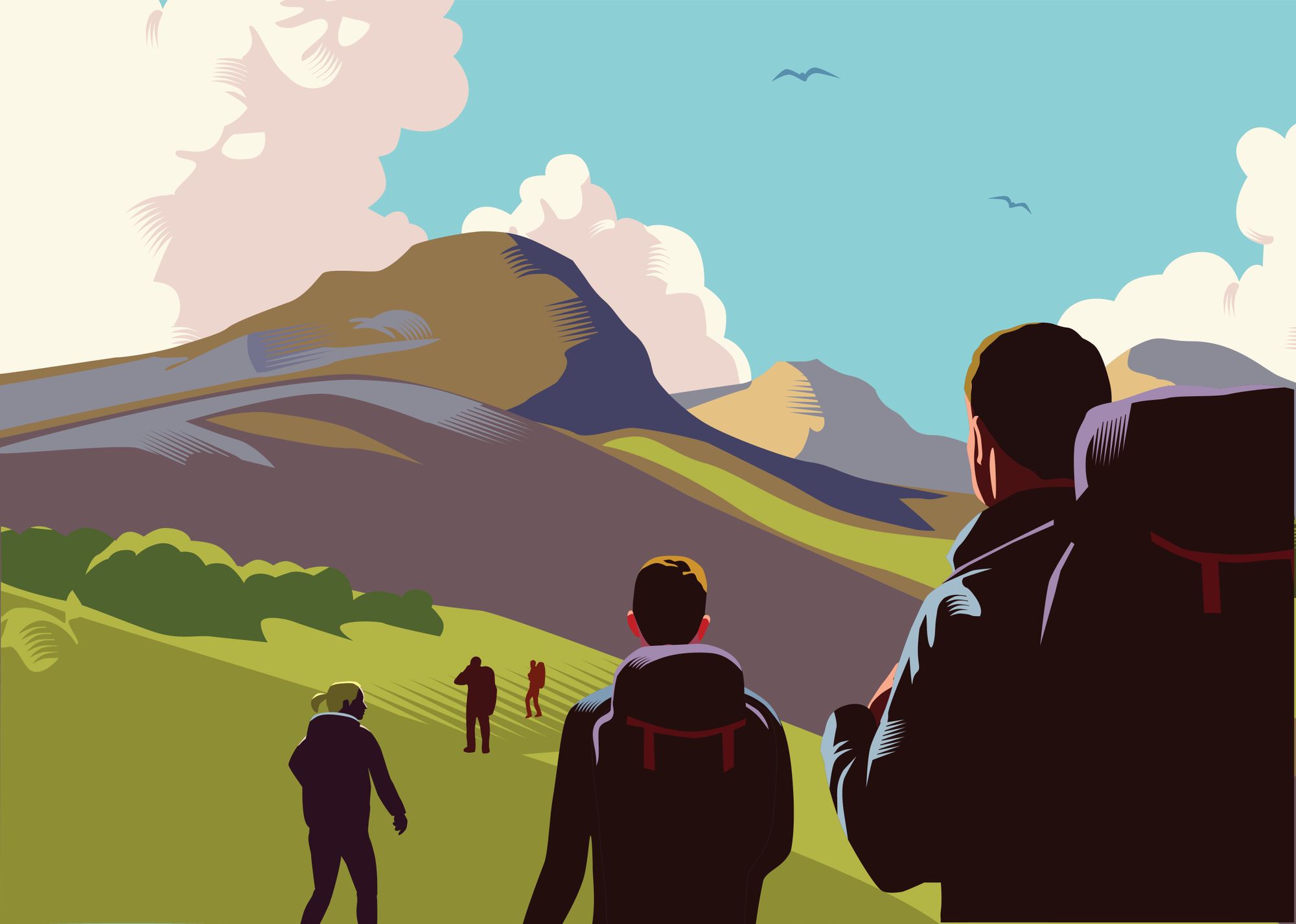 Ilustración de un grupo de excursionistas escalando una montaña en el Reino Unido