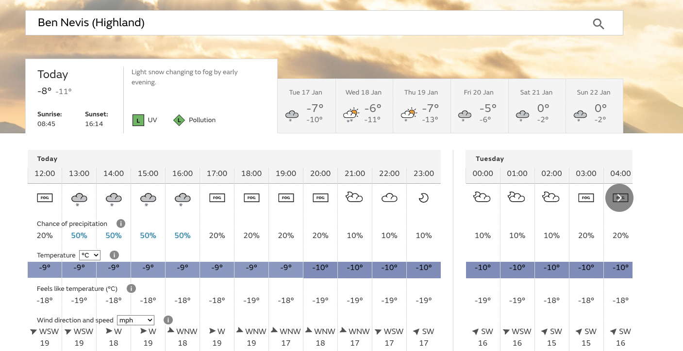 A screenshot of the summit forecast of Ben Nevis, taken from the Met Office website