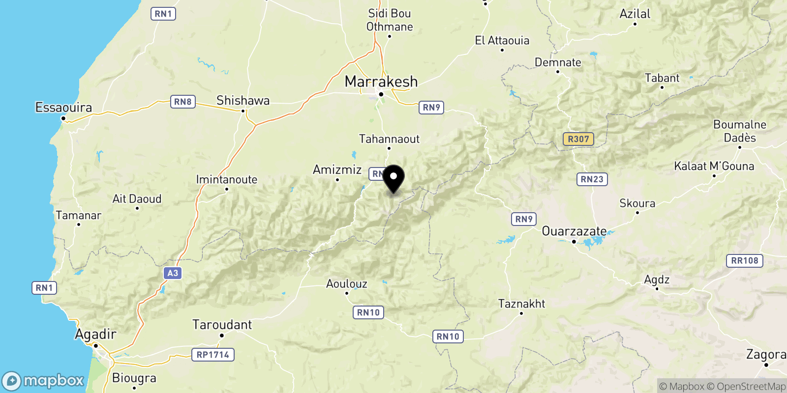 A map of Morocco, showing the location of Mount Toubkal