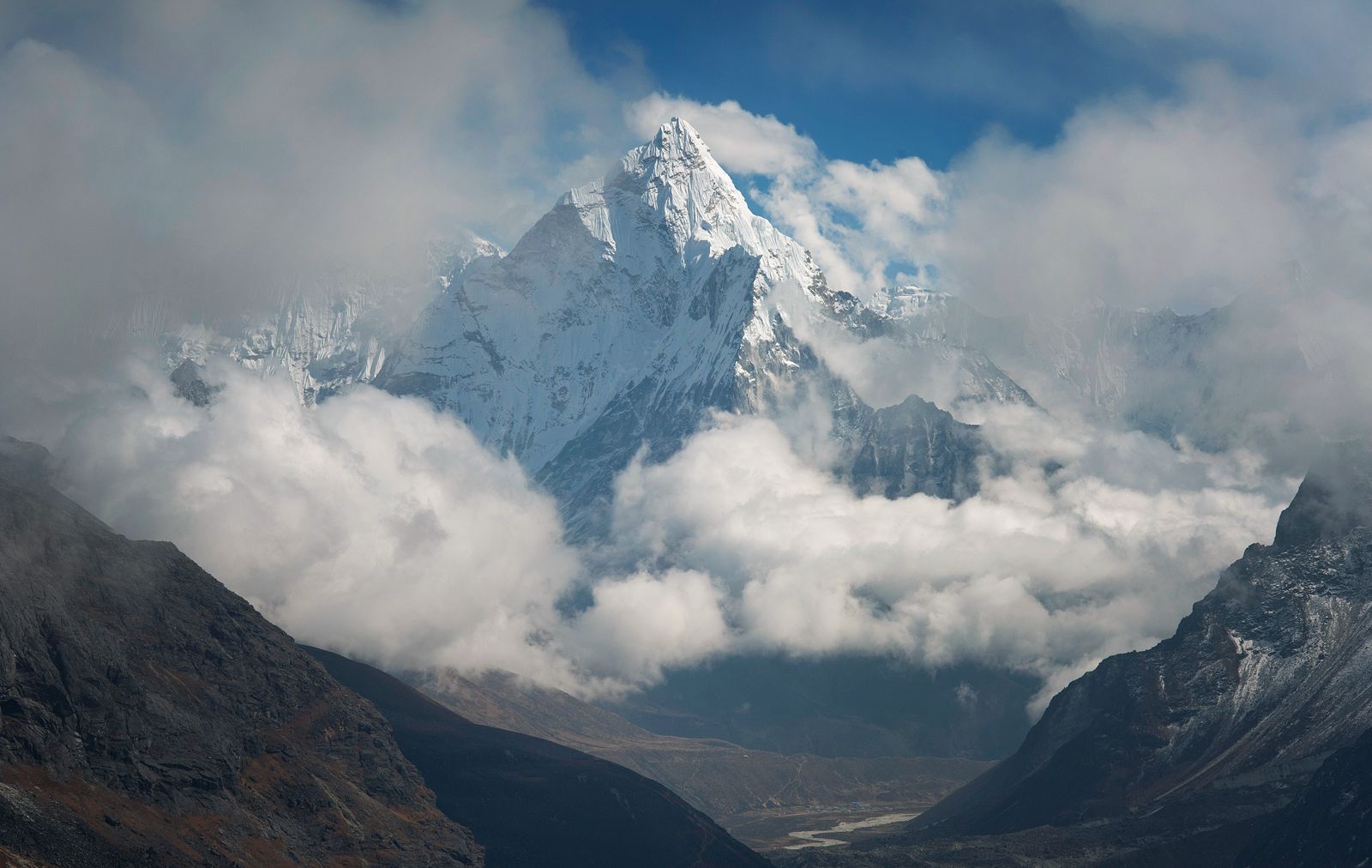The view of Mount Everest from Cho La, a high mountain pass in Nepal's Gokyo Valley.
