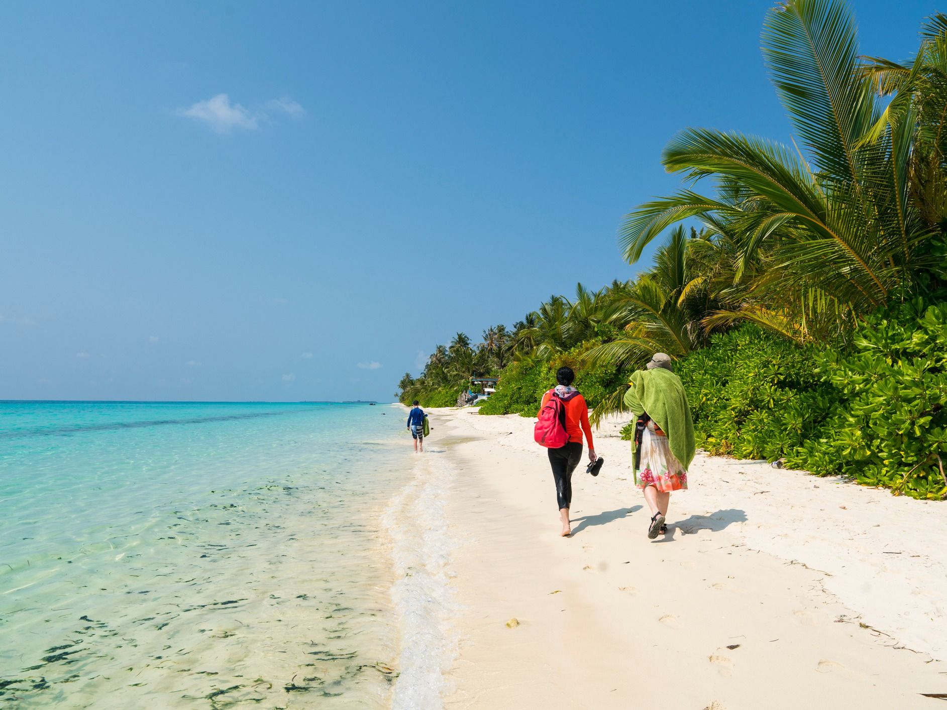 A group walking on a beach in the Maldives, where the beach is sandwiched between water and lush greenery.