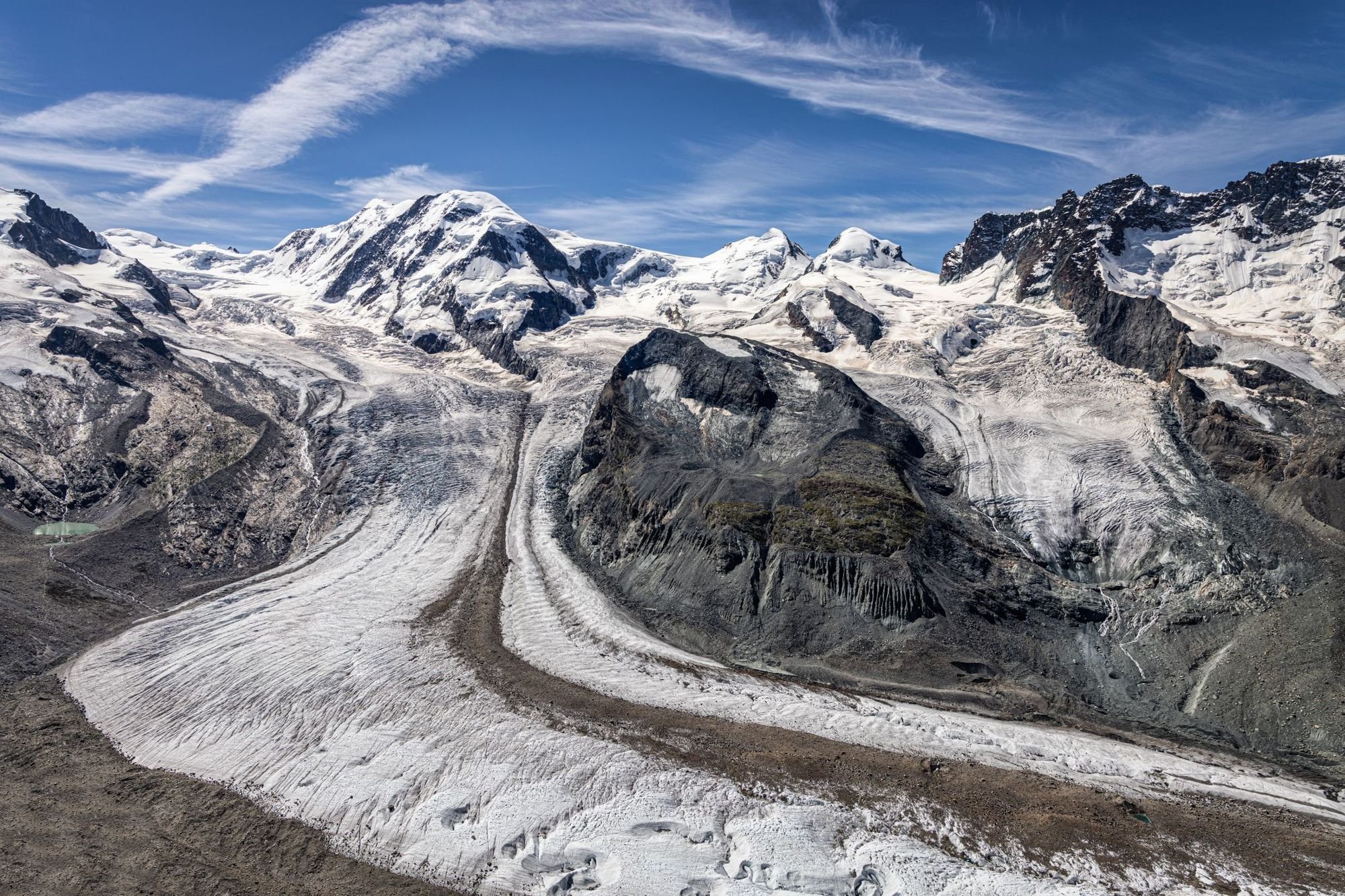 Gorner and Grenz glacier, with the Monte Rosa massif on the left, including the peaks Nordend and the Dufourspitze. In the middle is the Lyskamm and on the right side the twins Castor and Pollux. The view is from the top of Gornergrat Mountain in Zermatt. Photo: Getty